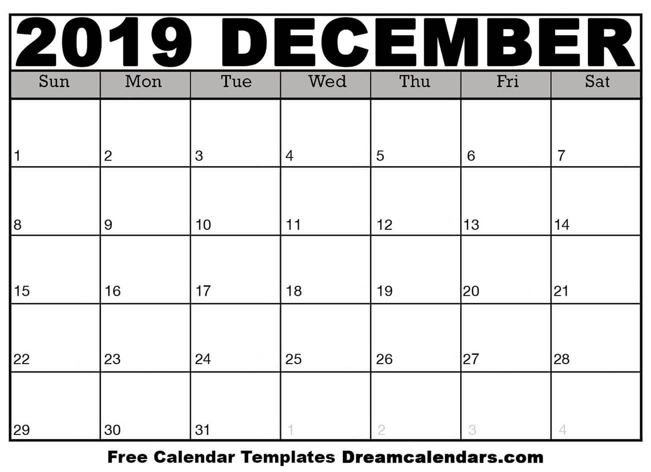 Printable December 2019 Calendar