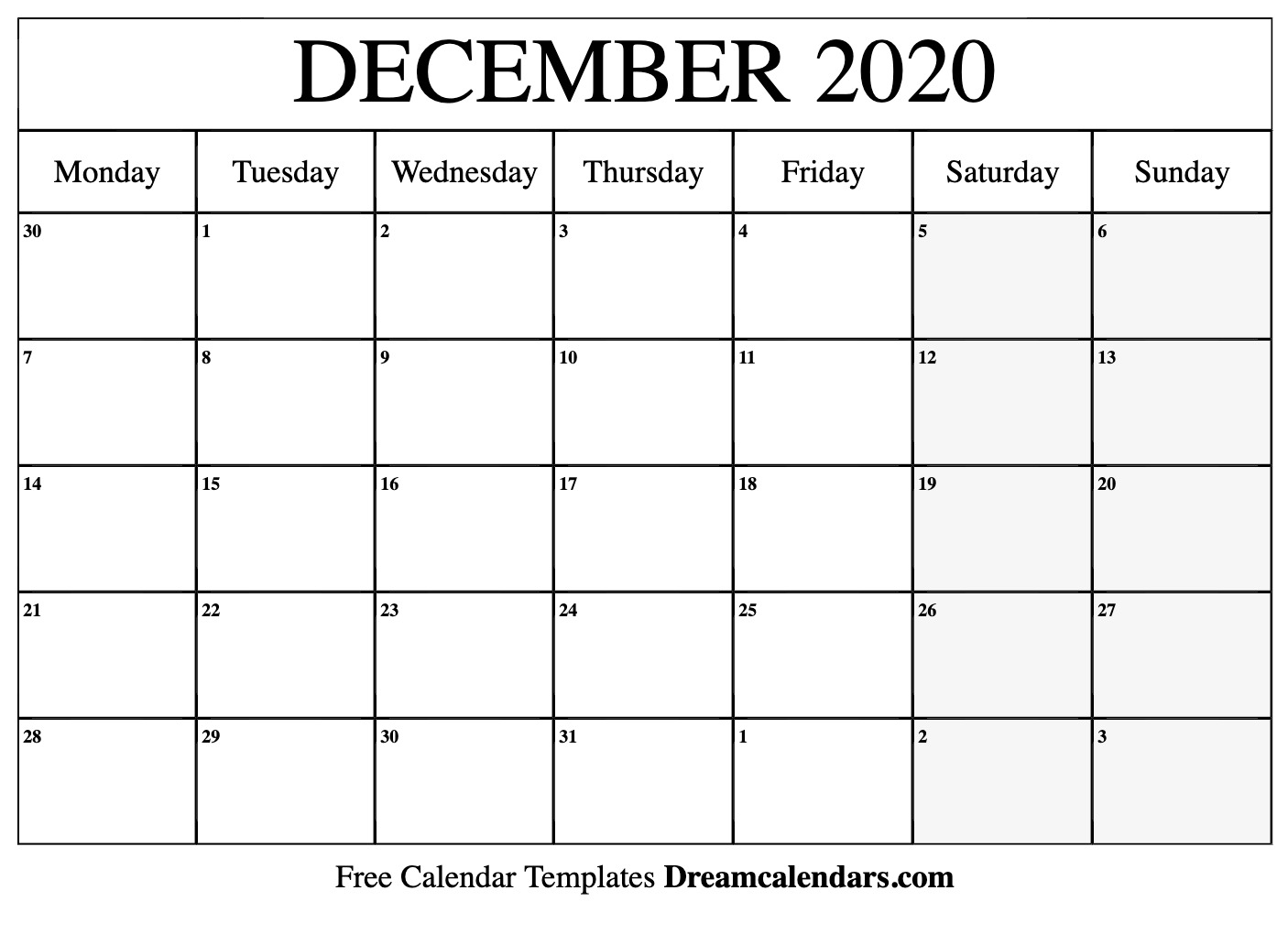 December 2020 calendar | Free blank printable with holidays