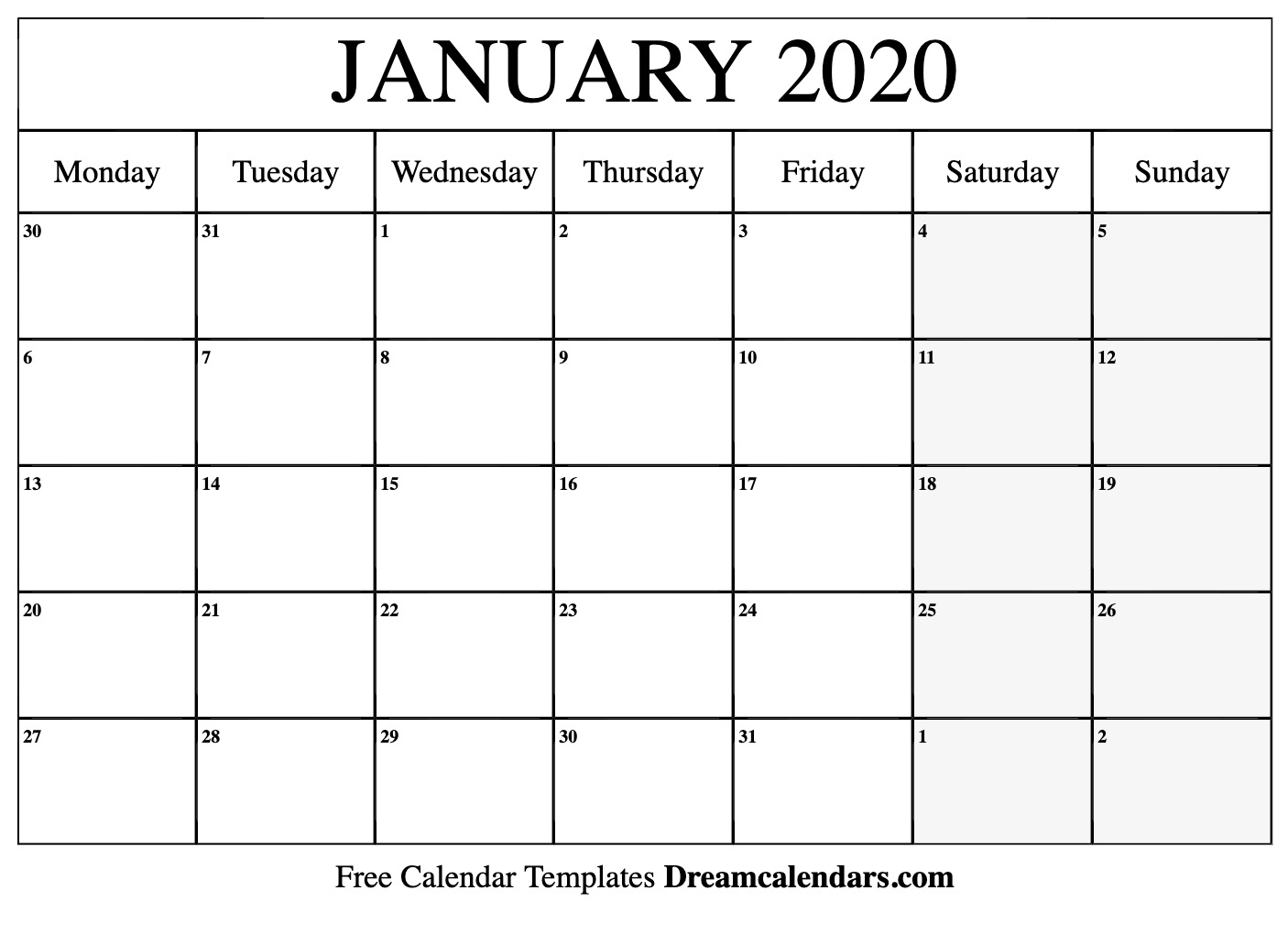 January 2020 Calendar Free Blank Printable With Holidays