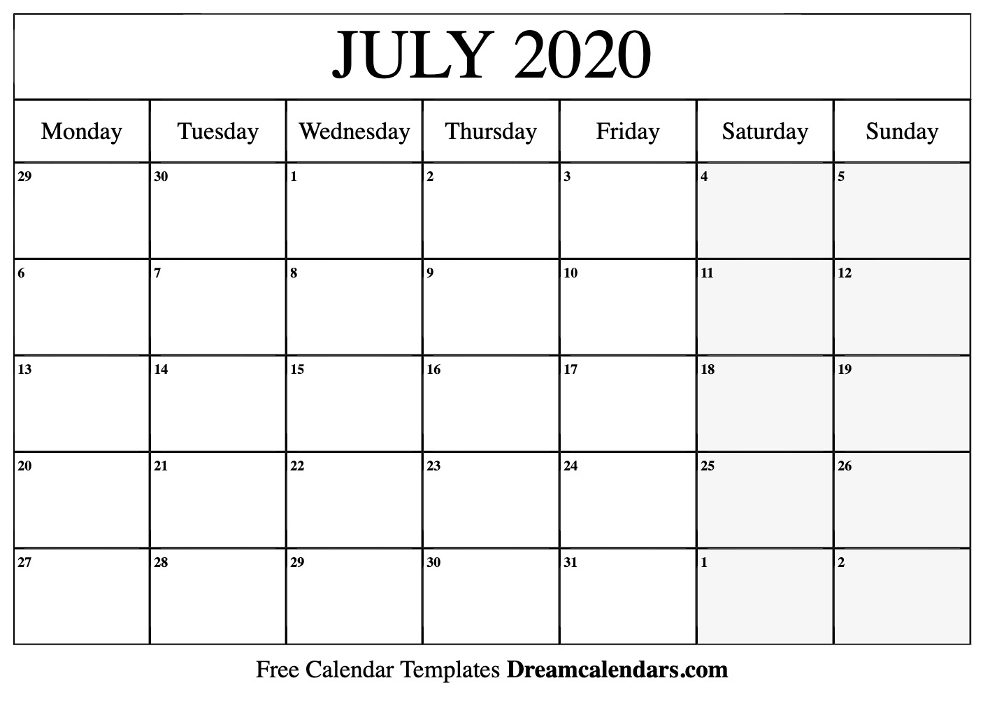 Printable July 2020 Calendar