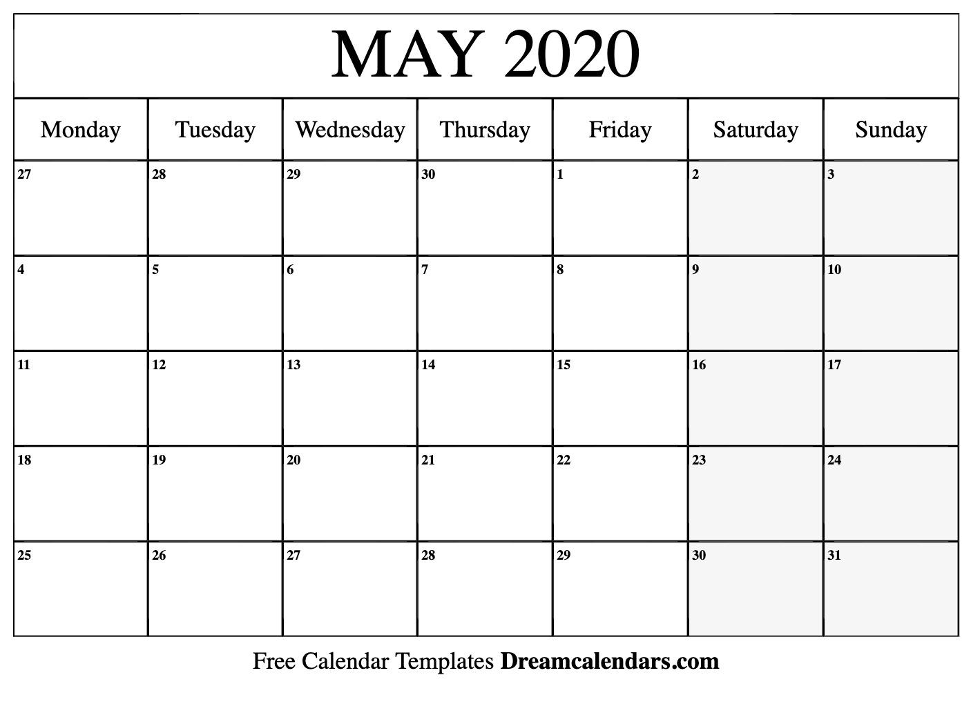 Printable May 2020 Calendar