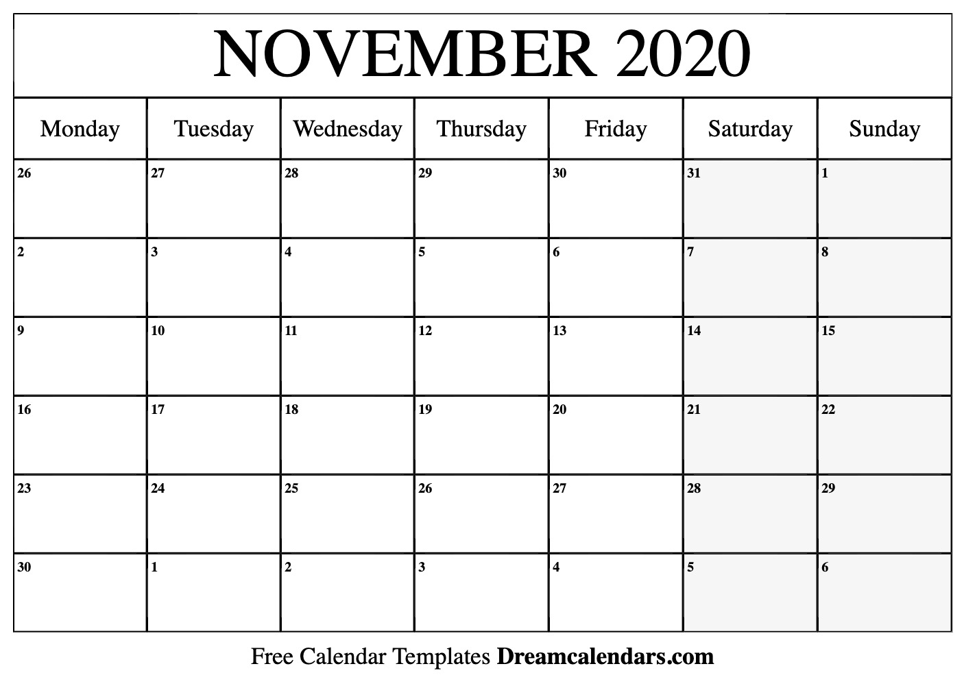 Blank 2020 Calendar Template from www.dreamcalendars.com