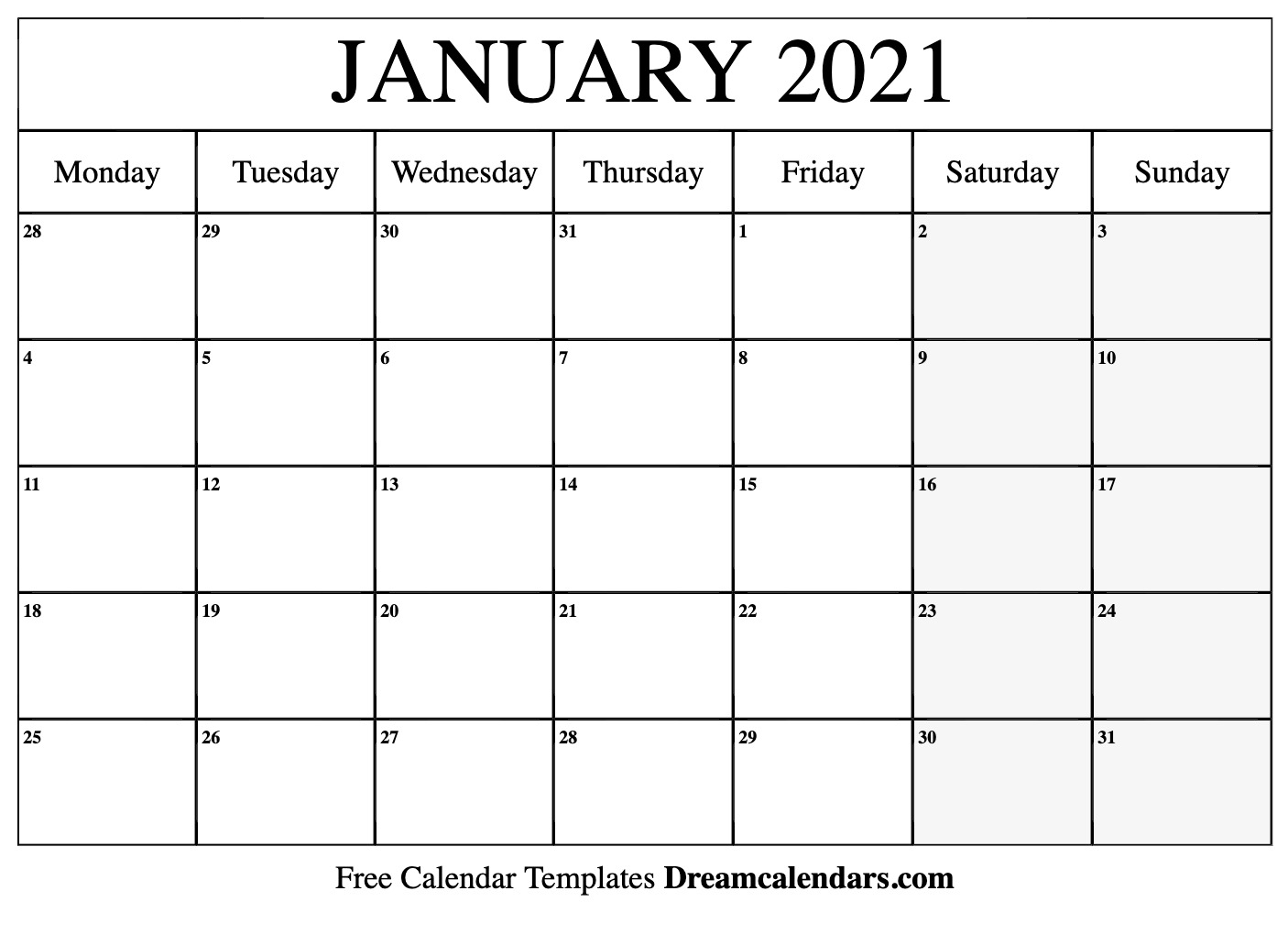 Download Printable January 2021 Calendars