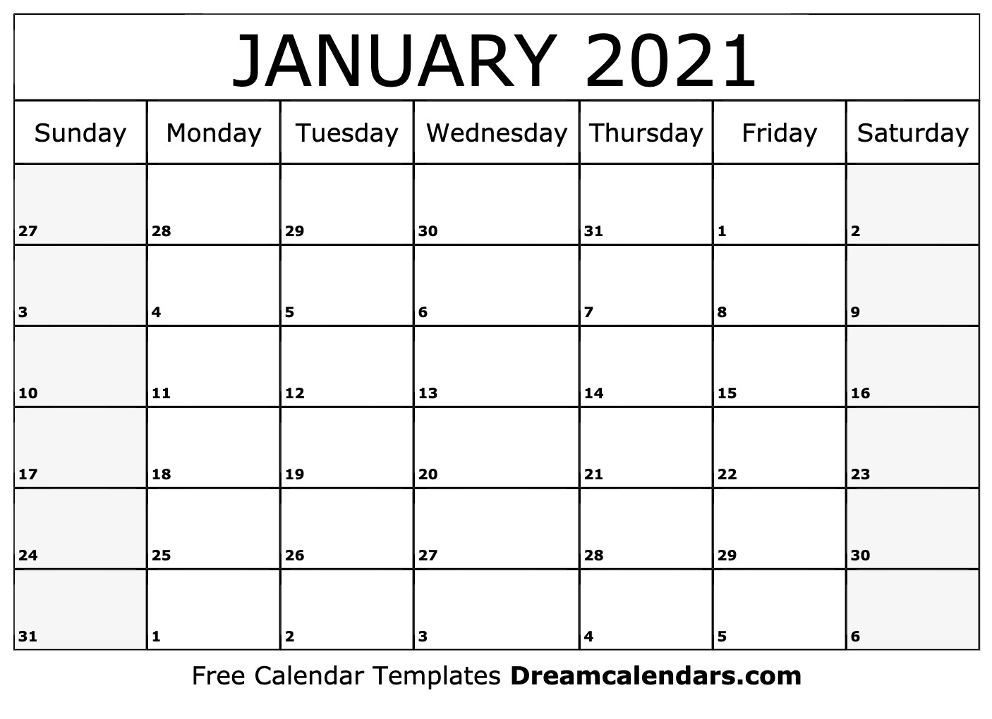 January 2021 calendar Free blank printable with holidays