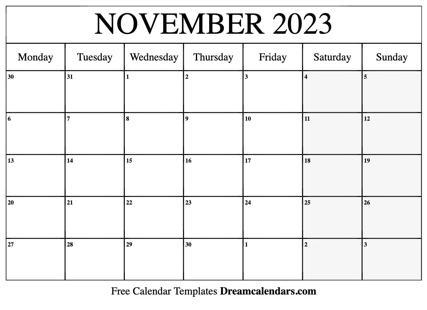Free Printable Calendar 2023 November