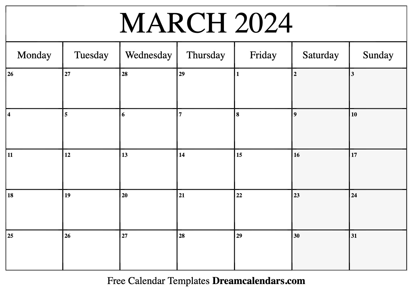 Blank Calendar Template March 2024 Printable