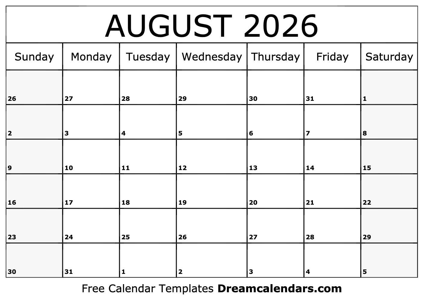 Download Printable August 2026 Calendars
