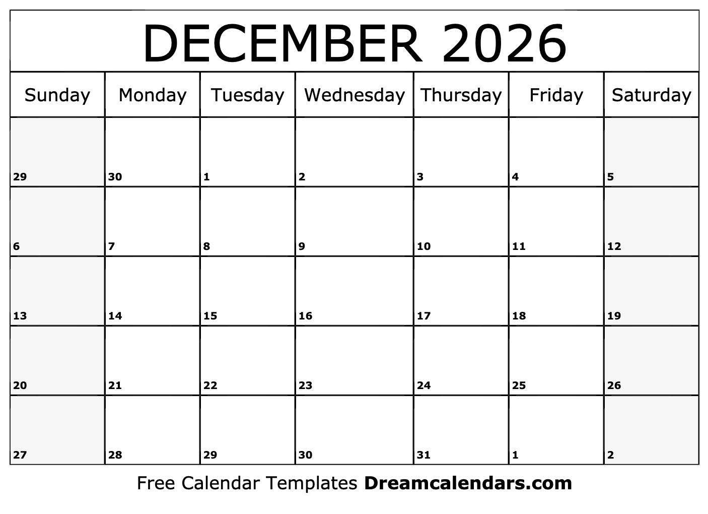 December 2026 Calendar Free Blank Printable With Holidays