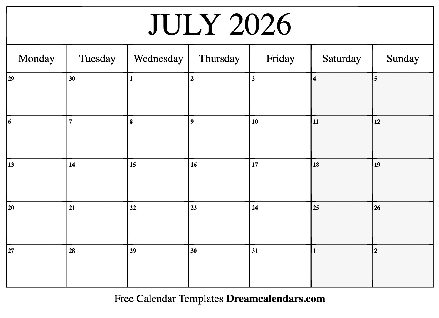 Download Printable July 2026 Calendars