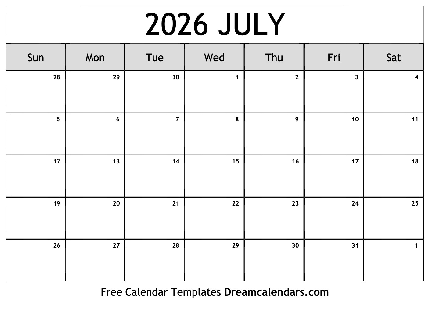 Download Printable July 2026 Calendars