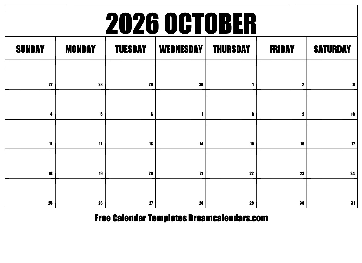 October 2026 calendar | Free blank printable with holidays