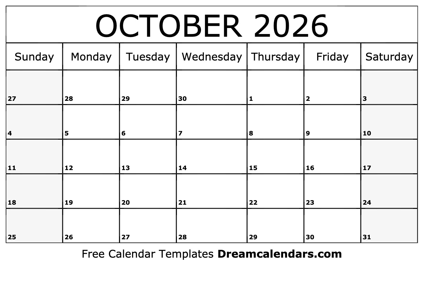 October 2026 calendar Free blank printable with holidays