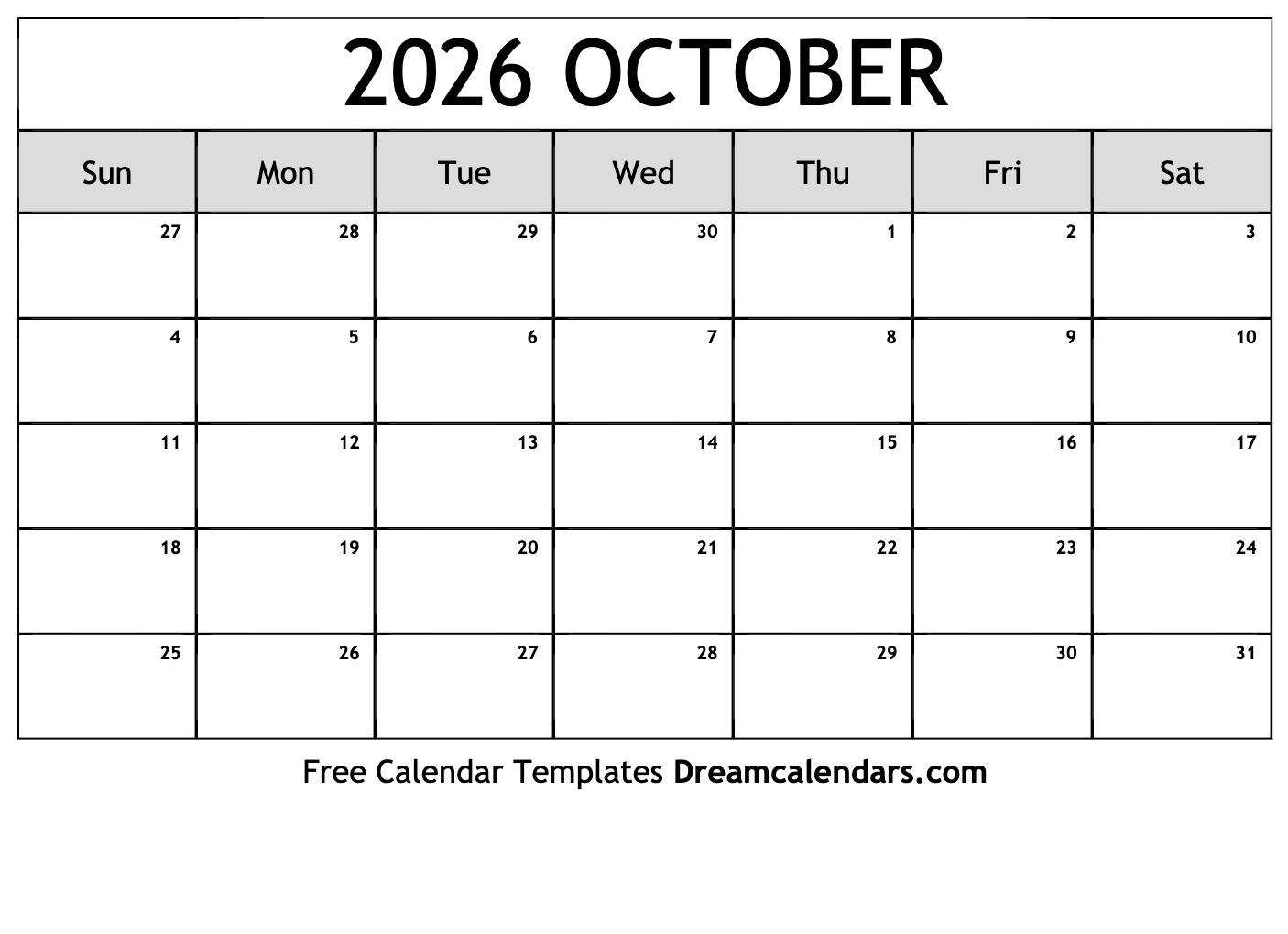 October 2026 calendar | Free blank printable with holidays