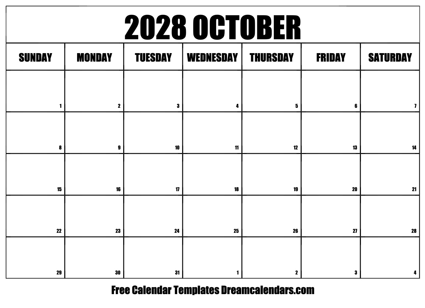 October 2028 Calendar Free Blank Printable With Holidays