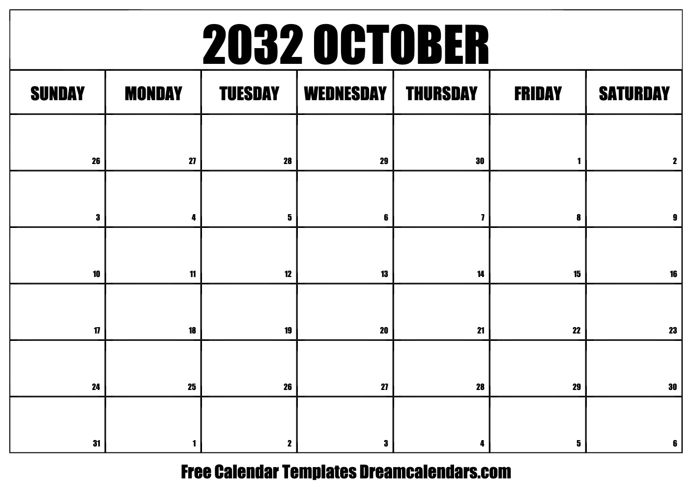 October 2032 calendar free blank printable templates