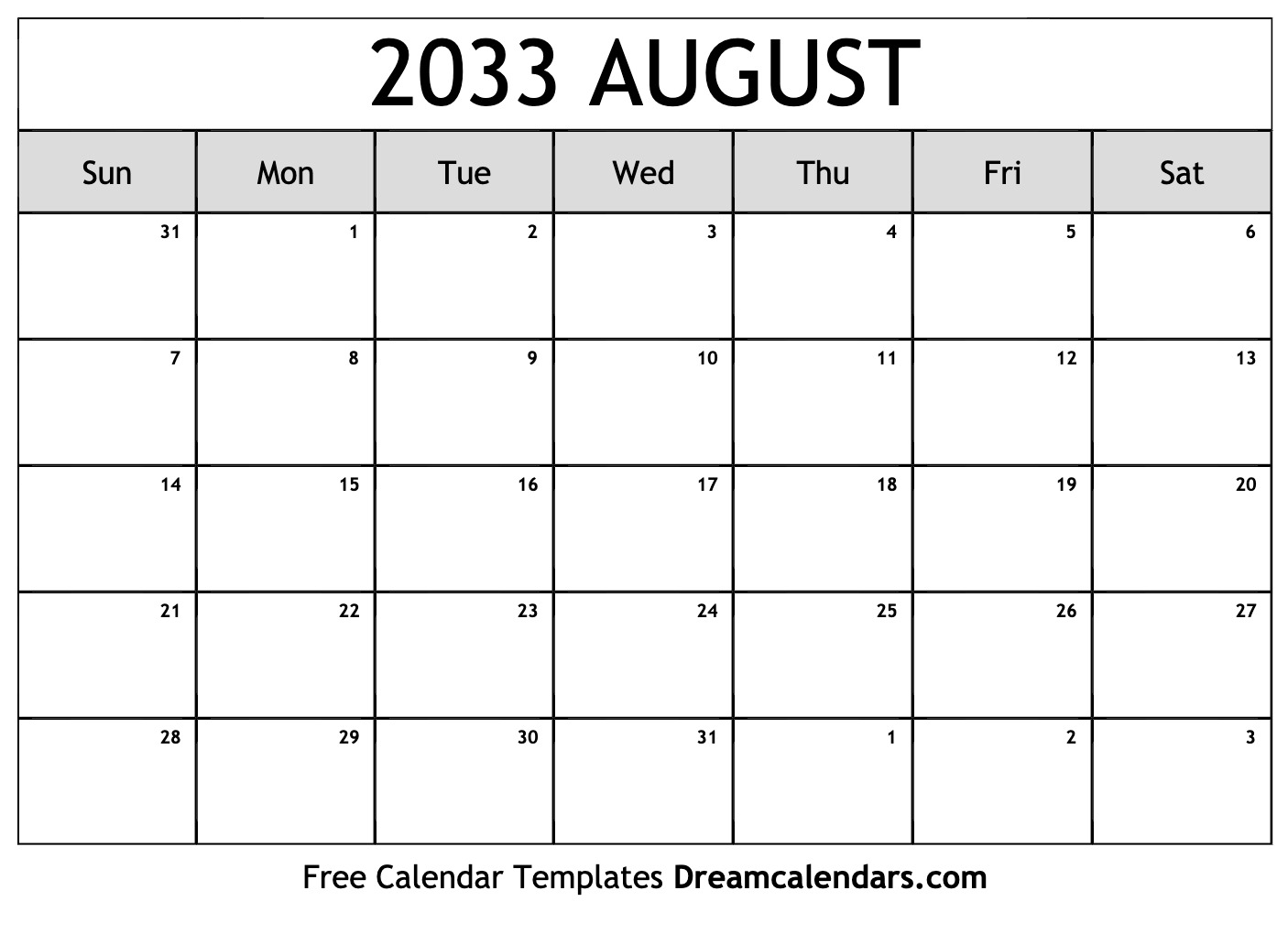 August 2033 calendar free blank printable templates
