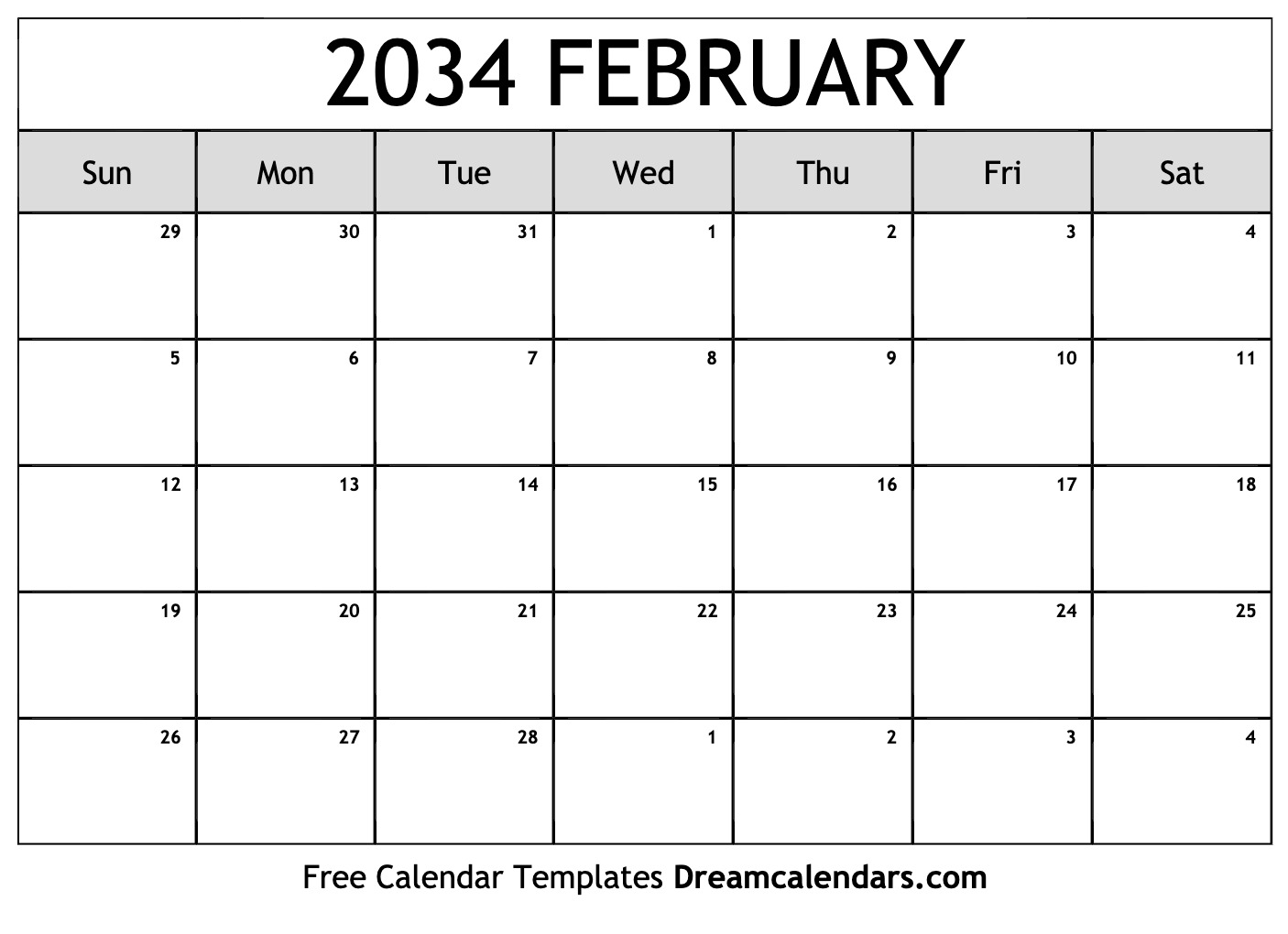 February 2034 Calendar Free Blank Printable With Holidays