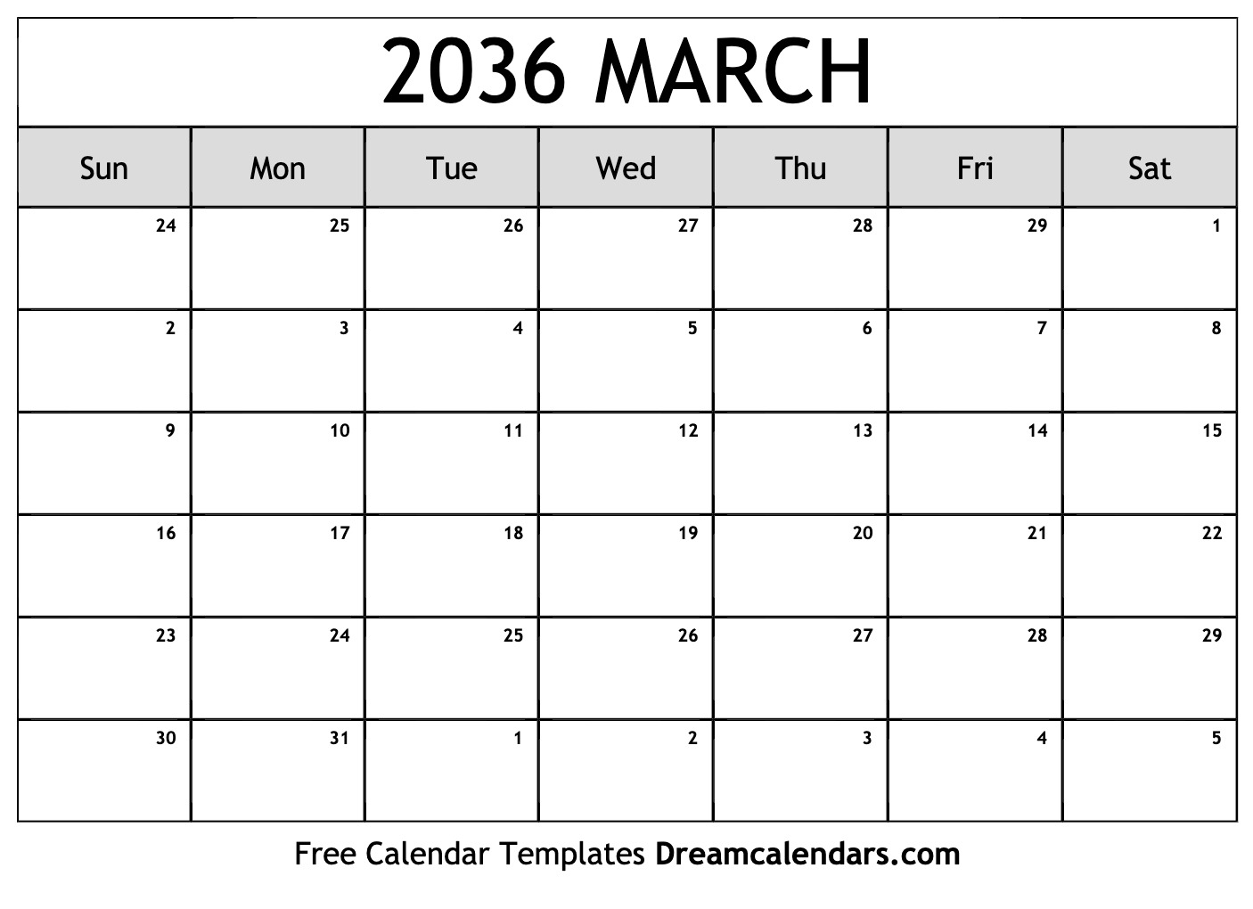March 2036 Calendar Free Blank Printable Templates