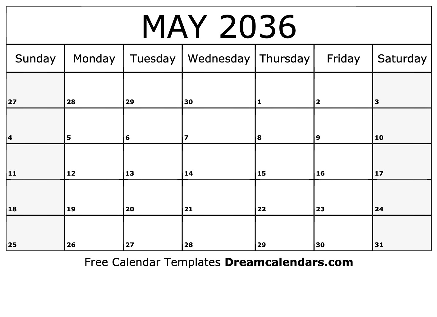 Yearly Calendar Template 2036