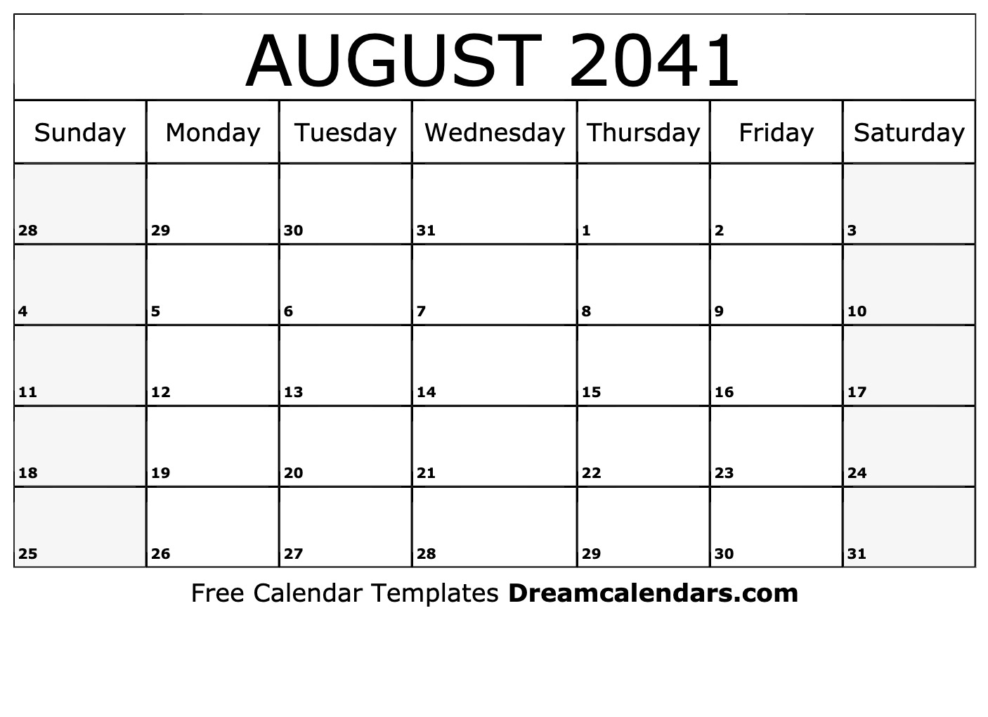 August 2041 Calendar Free Blank Printable Templates