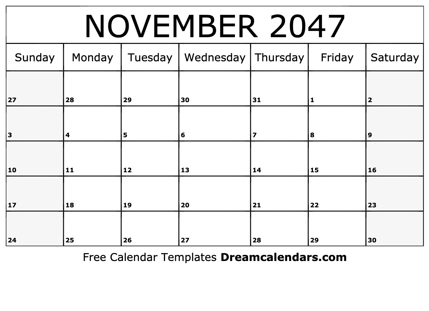 November 2047 Calendar Free Blank Printable With Holidays