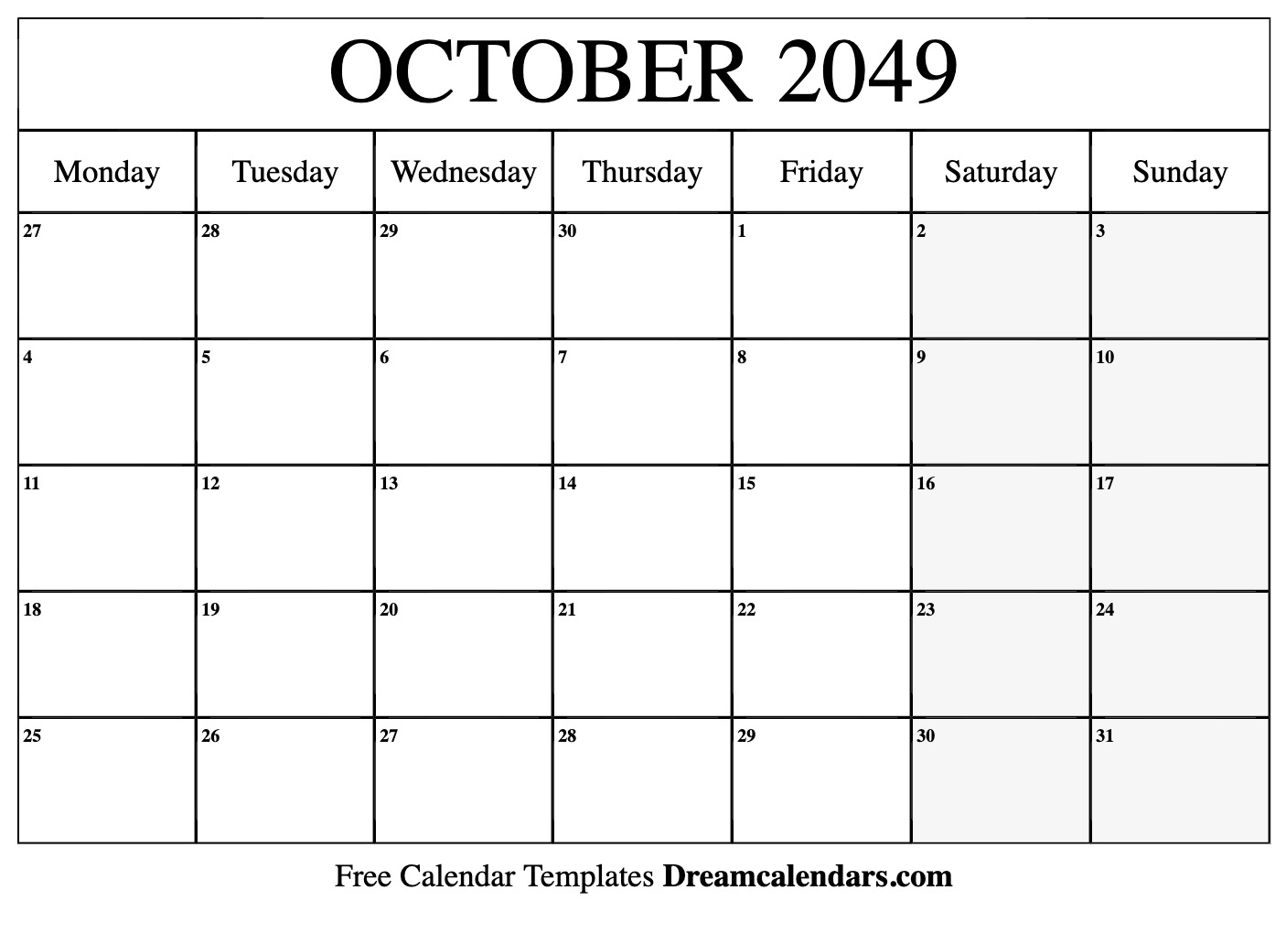 October 2049 Calendar Free Blank Printable Templates
