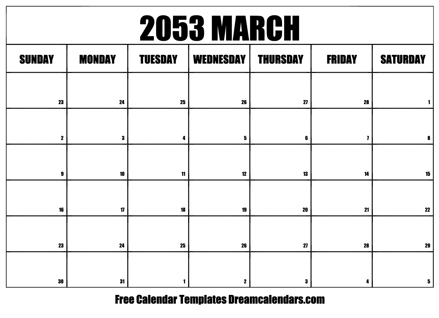 March 2053 Calendar Free Blank Printable With Holidays