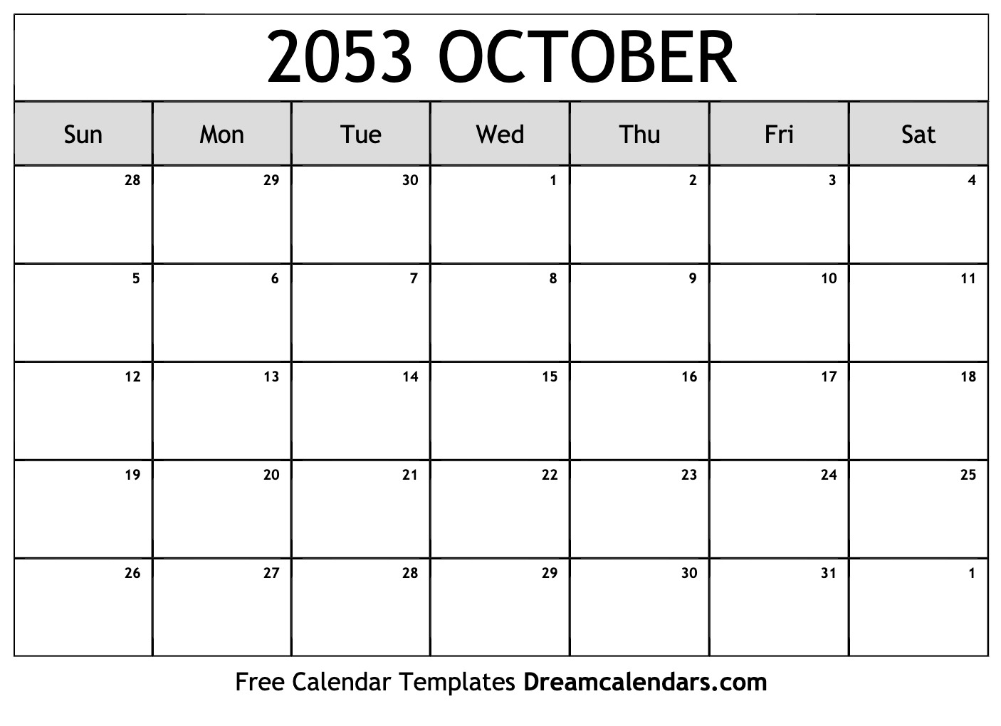October 2053 Calendar Free Blank Printable With Holidays