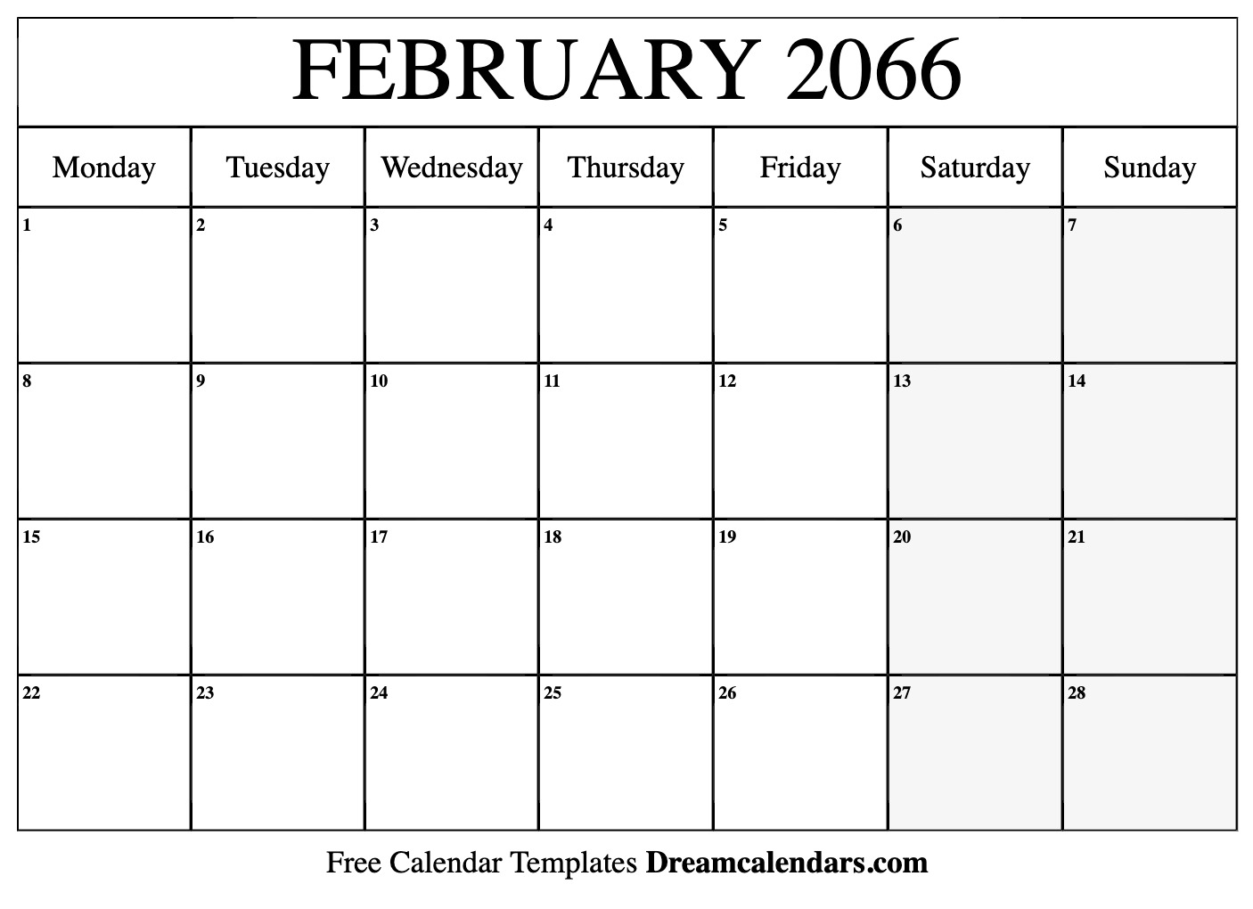 Download Printable February 2066 Calendars