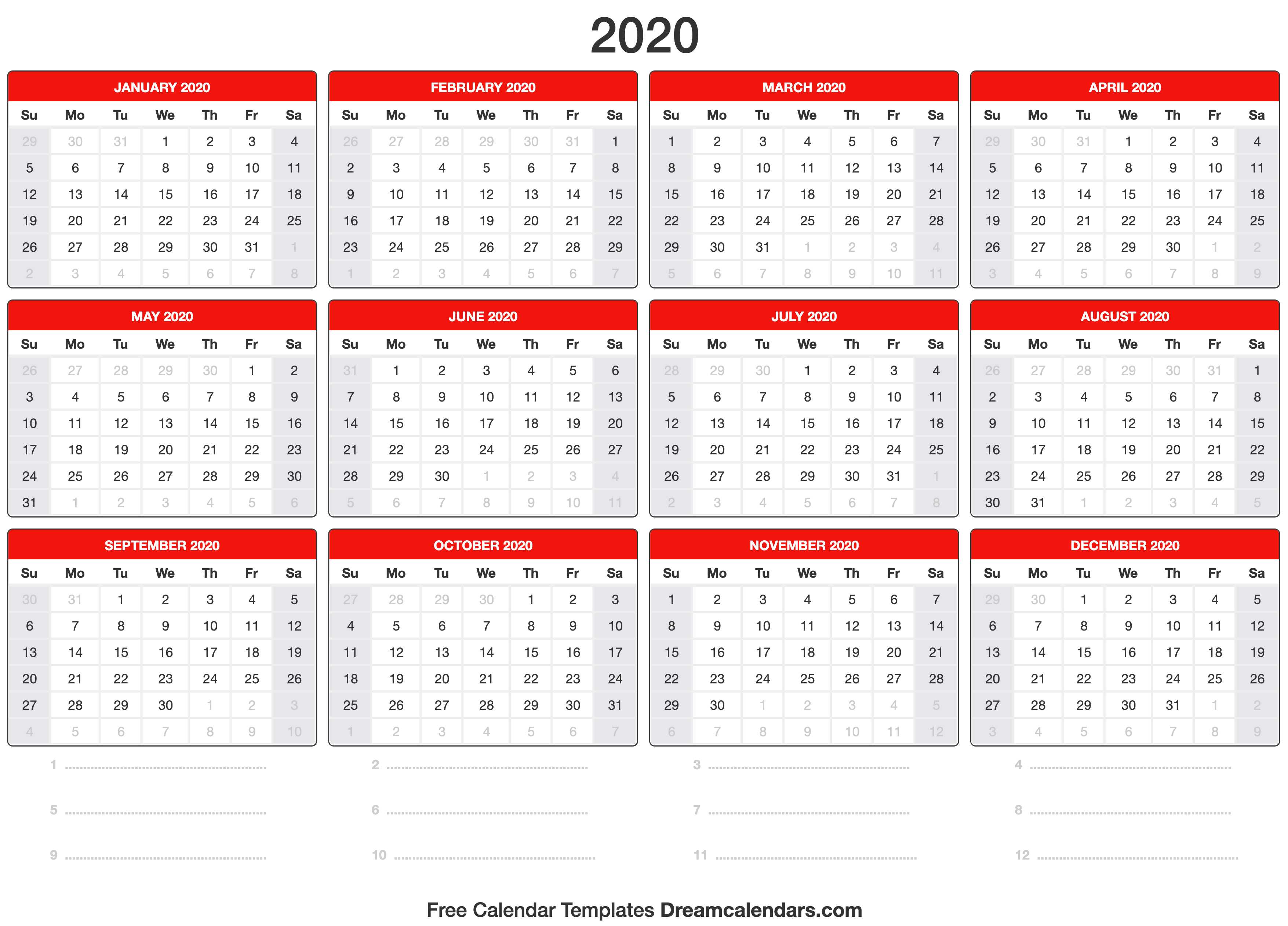 2020 Calendar Template