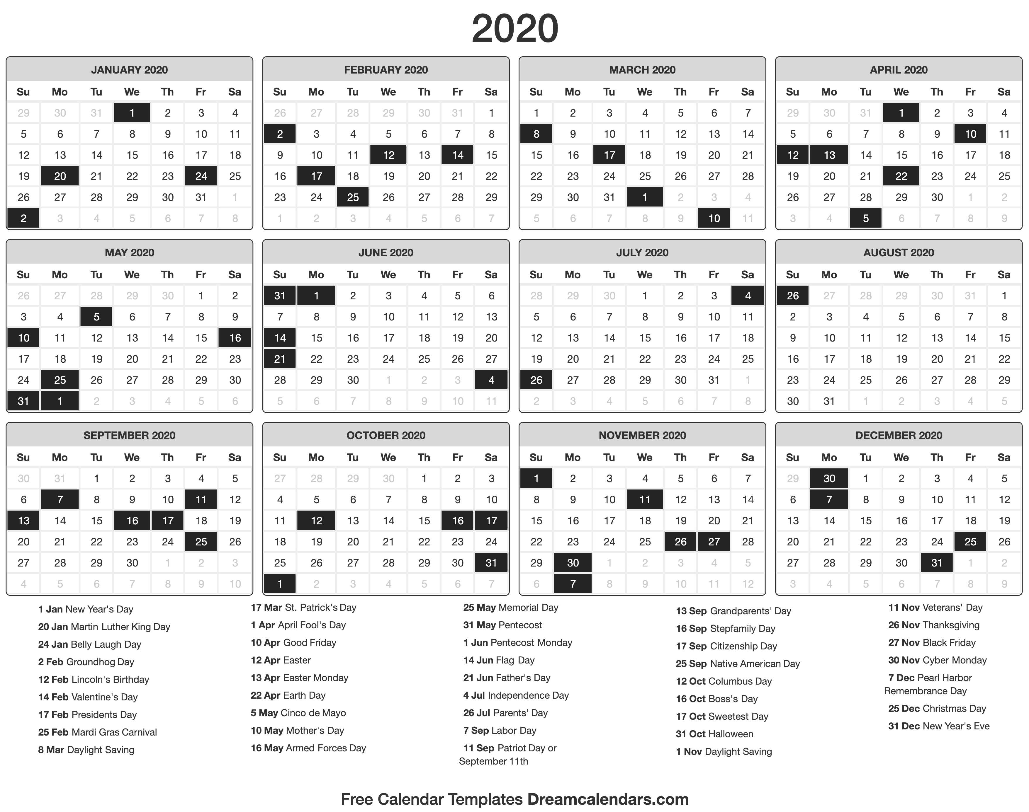 2020 printable yearly calendar with holidays - Back.tscoreks.org