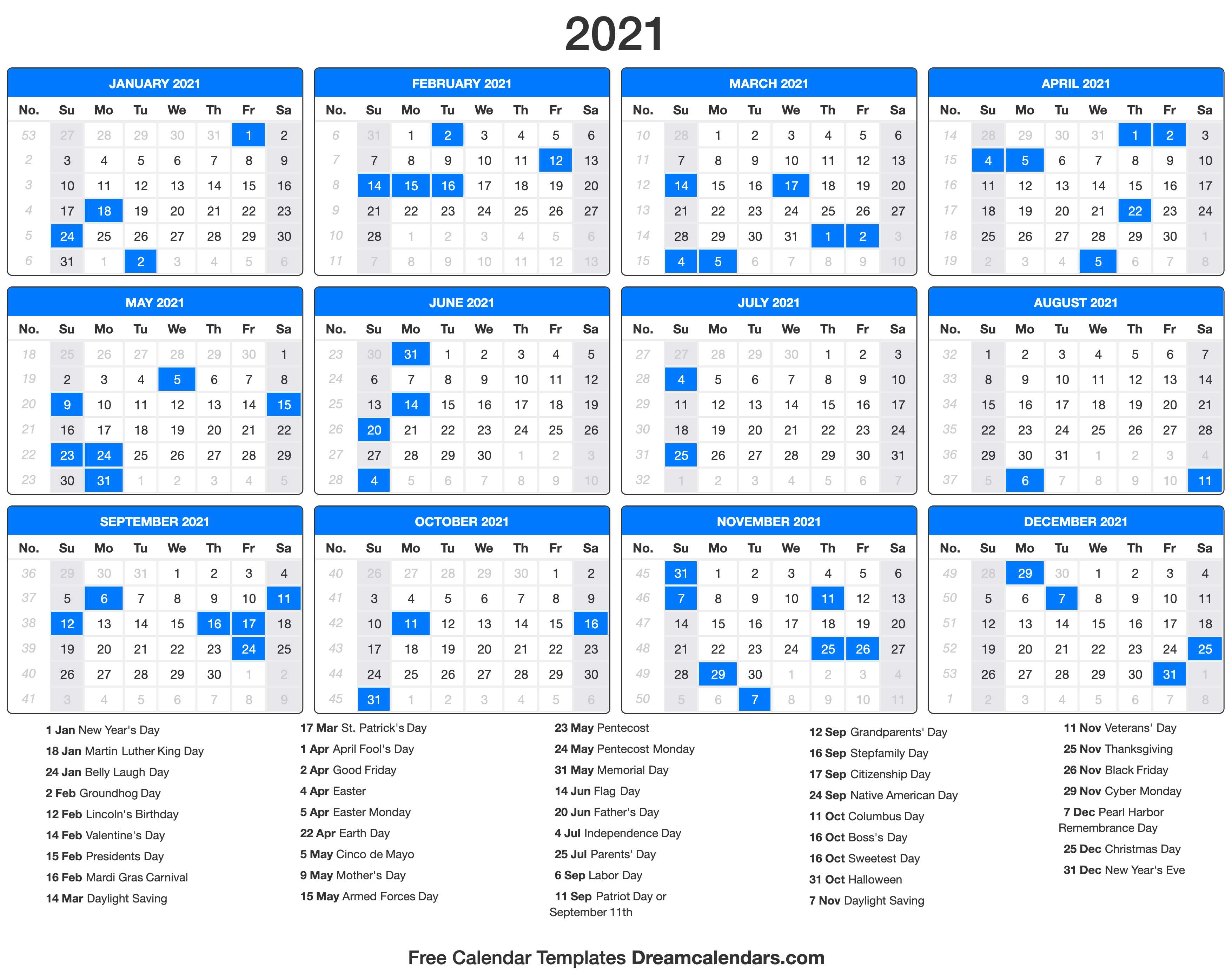 2021 Calendar with holidays