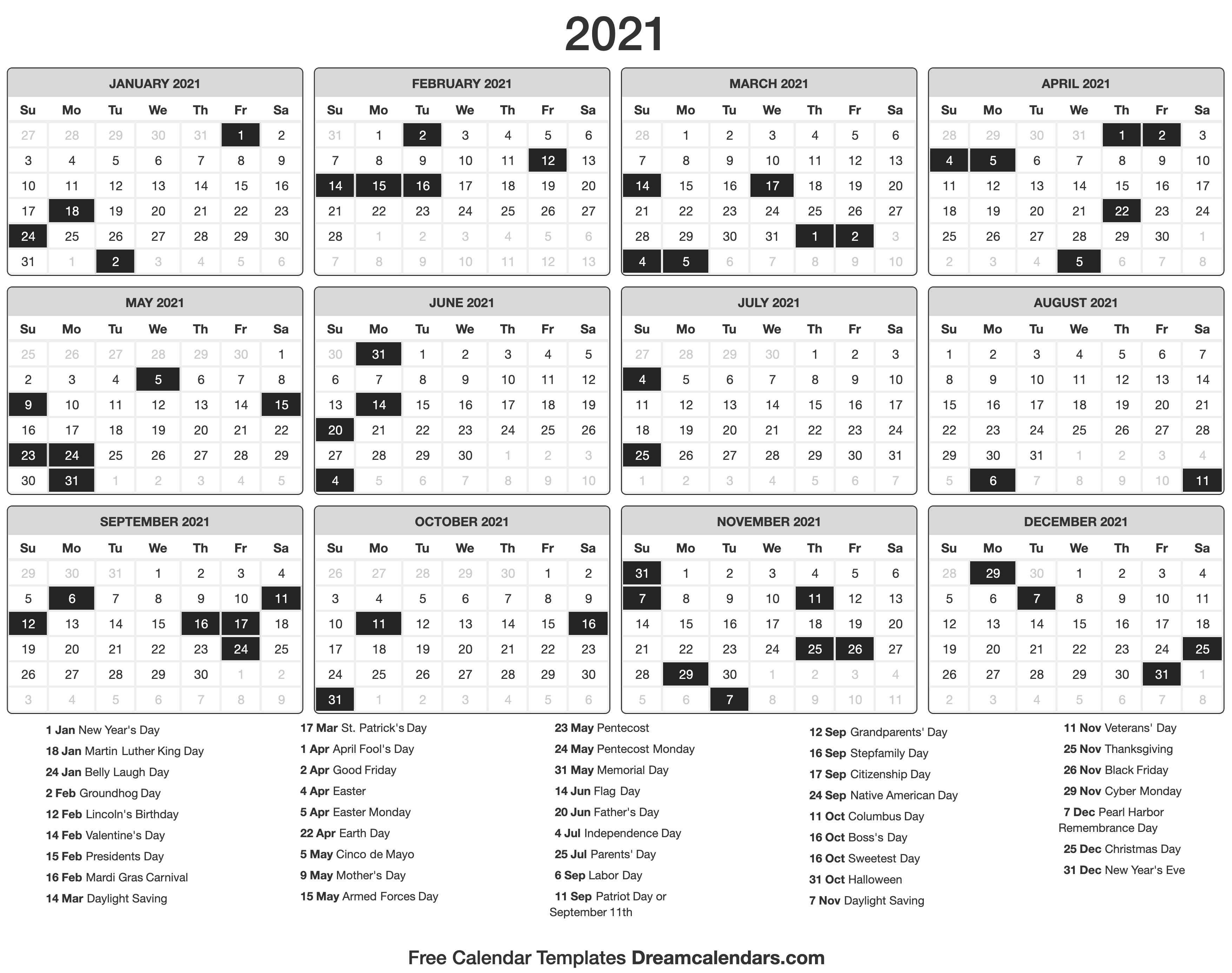 February 2021 Calendar With Holidays Usa