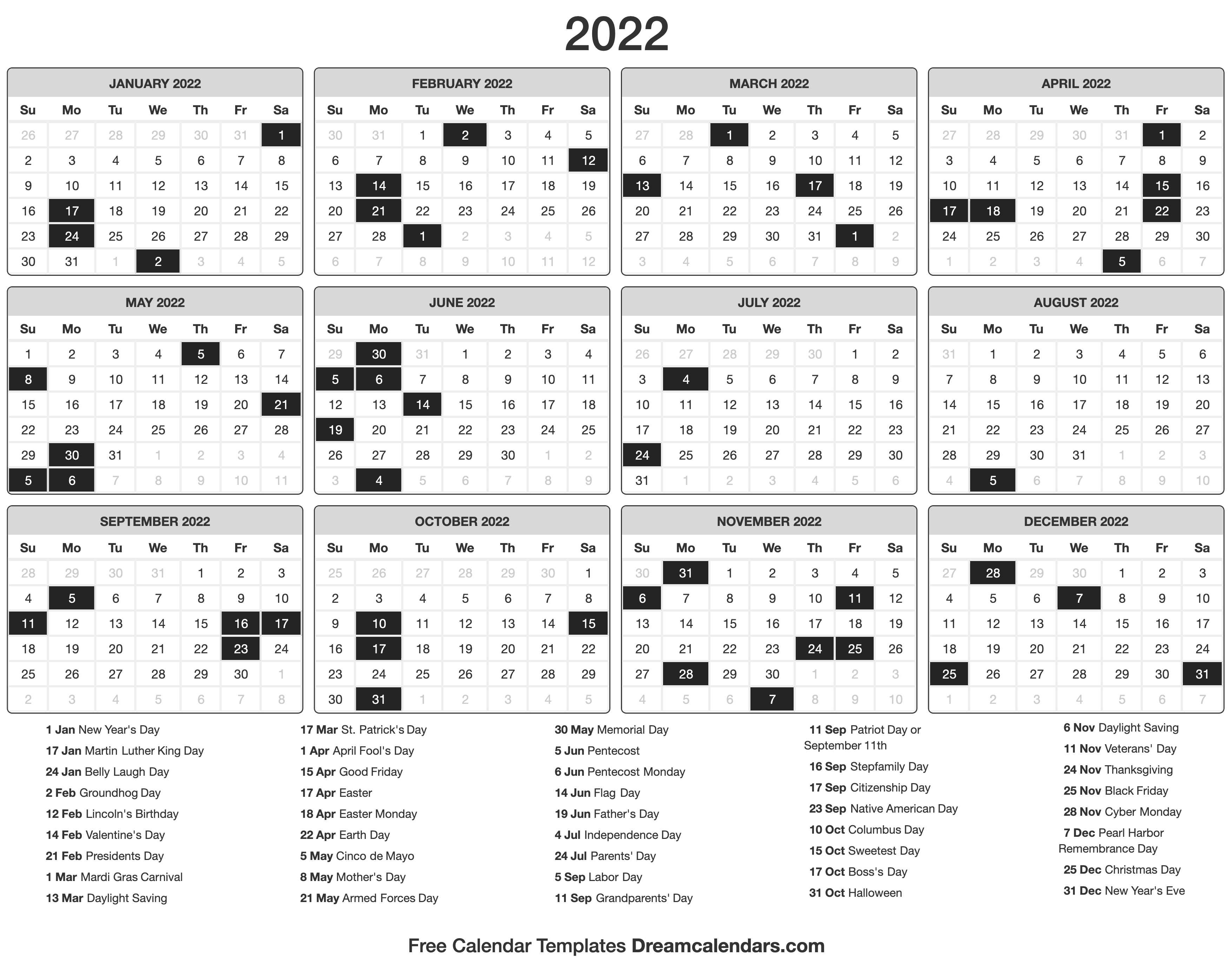 Special Days Calendar 2022 2022 Calendar
