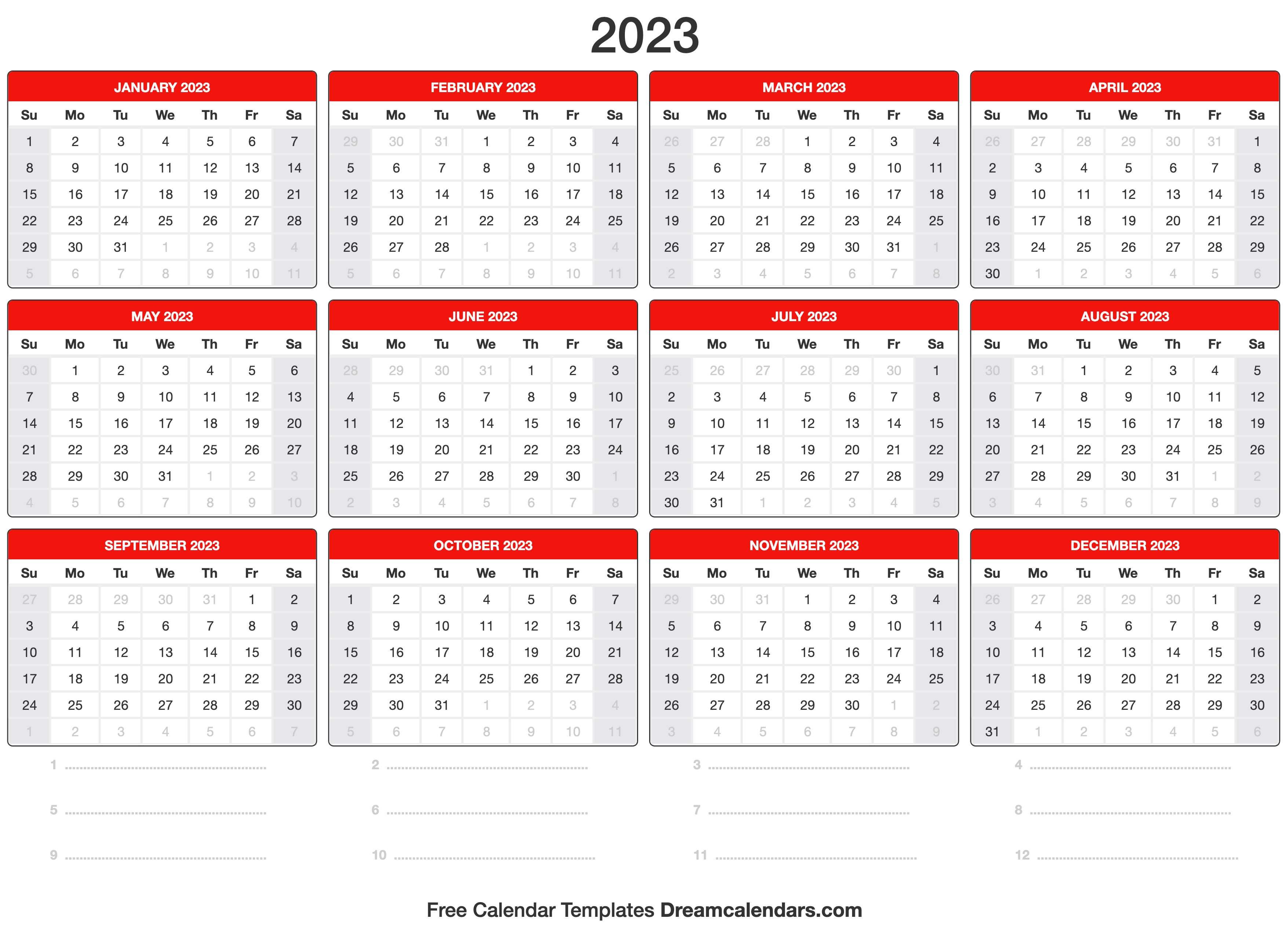 2023 Calendar Printable Free 2023 Yearly Calendar With Notes