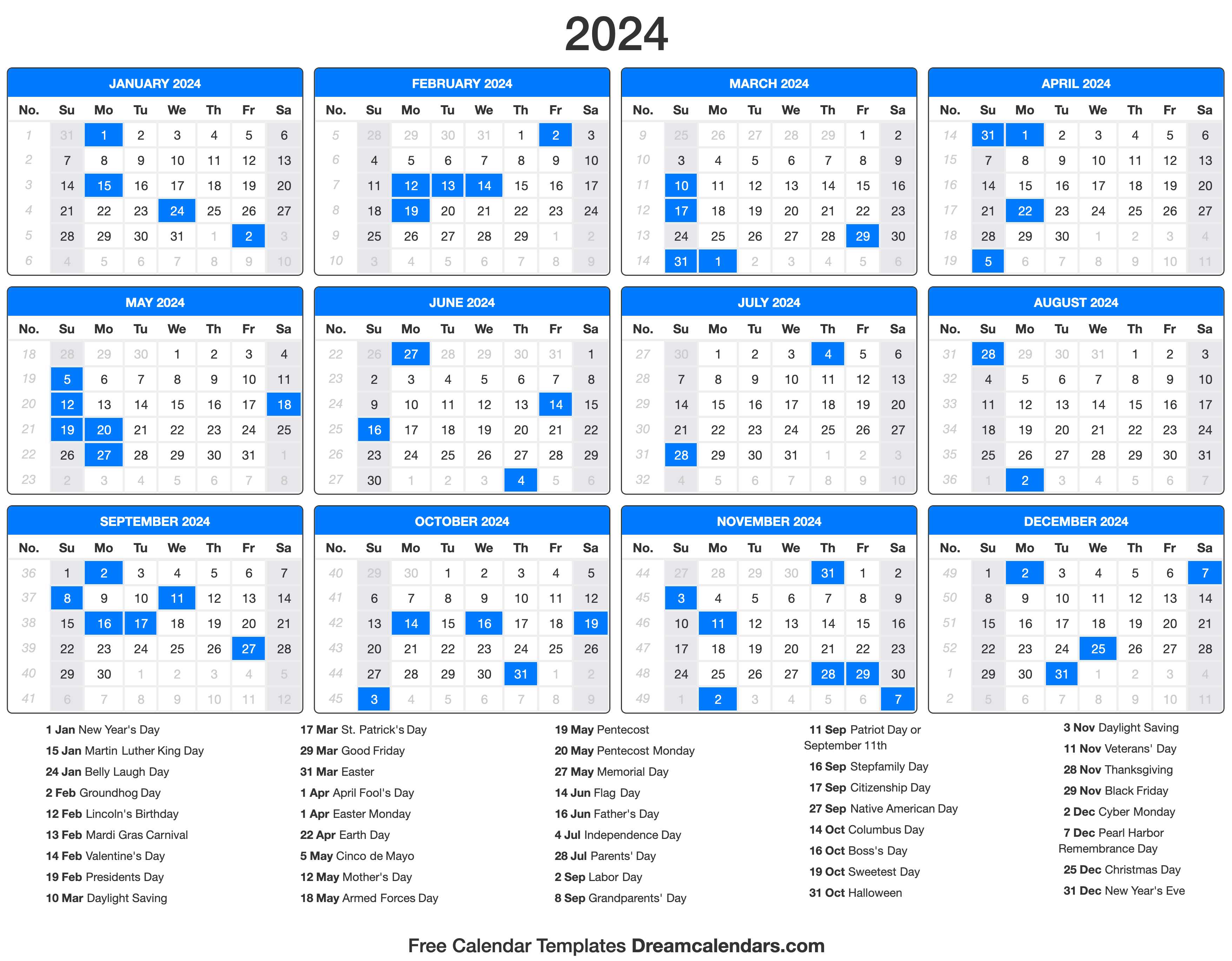 2024 Printable Calendar With Holidays Printable World Holiday