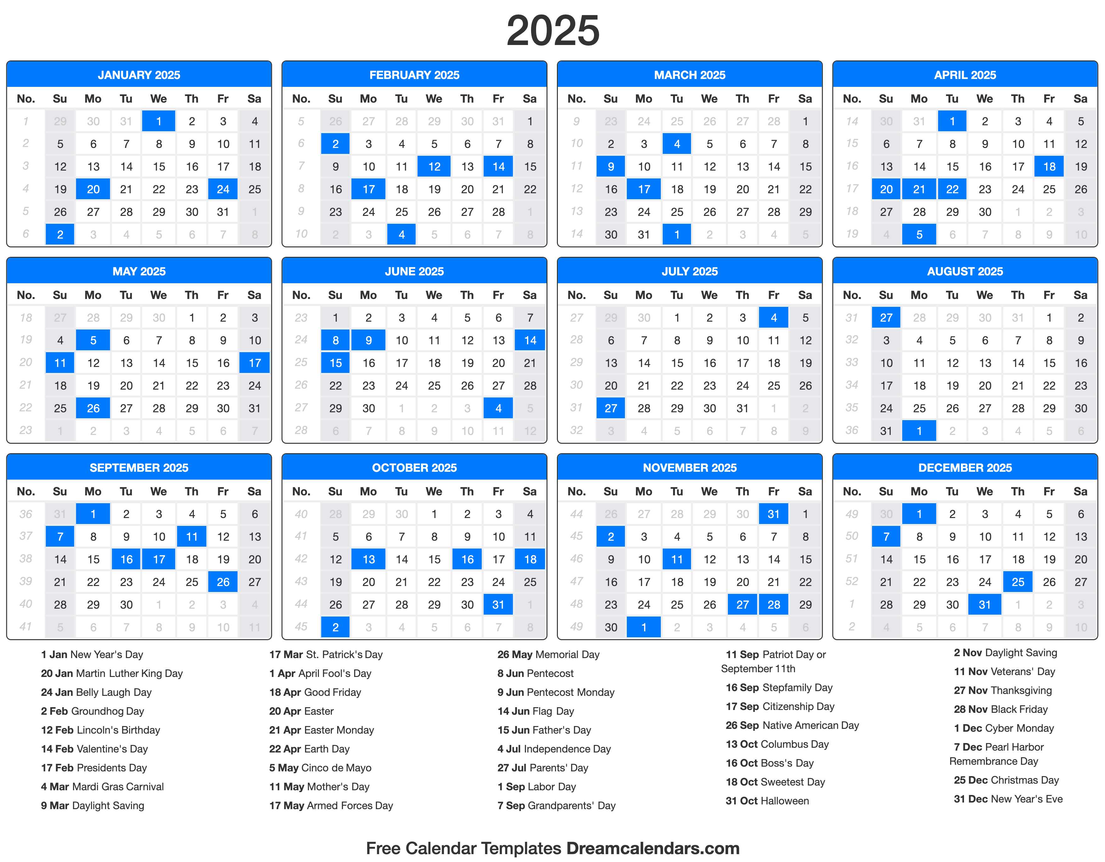 2025 Calendar with holidays