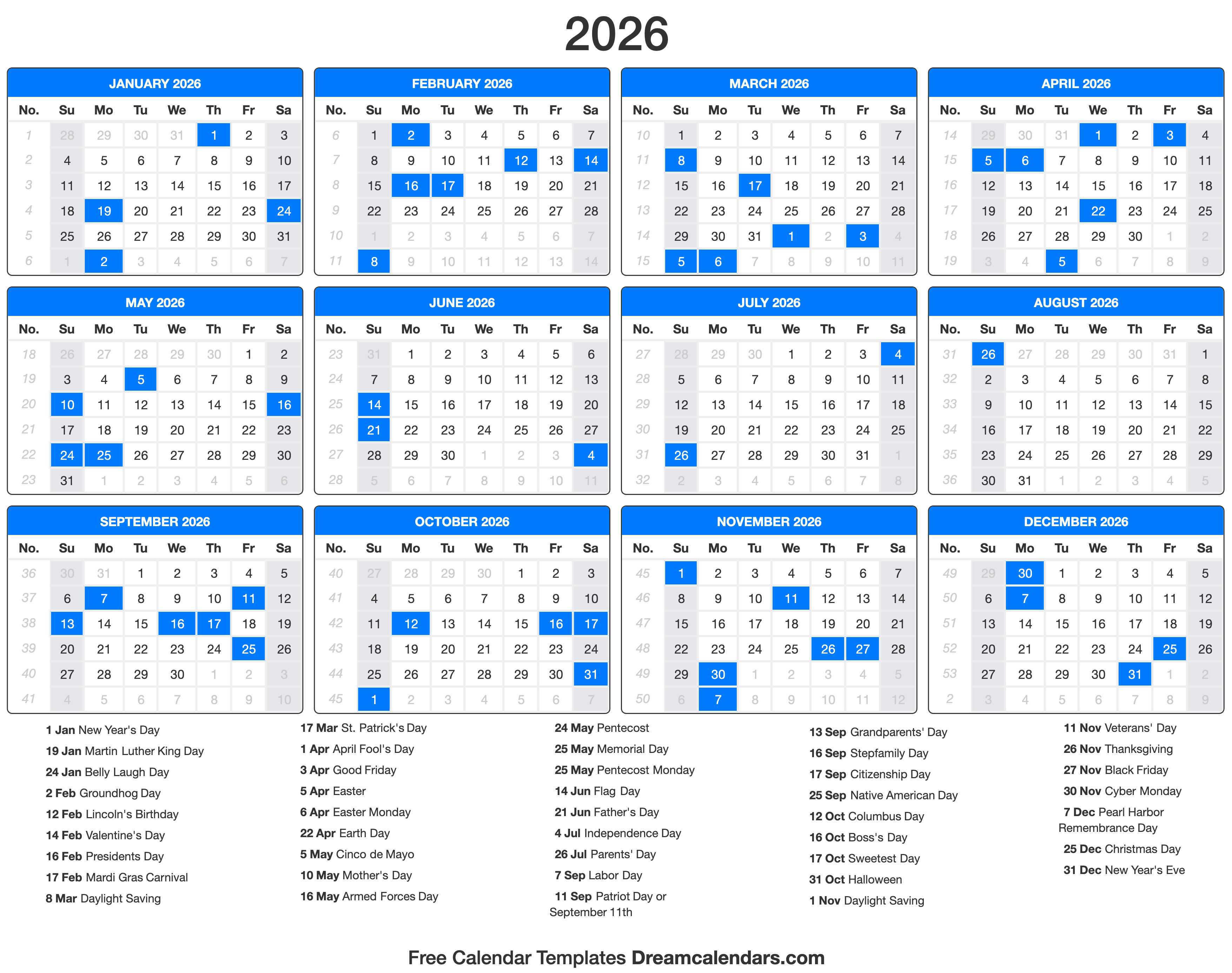 2026 Calendar with holidays