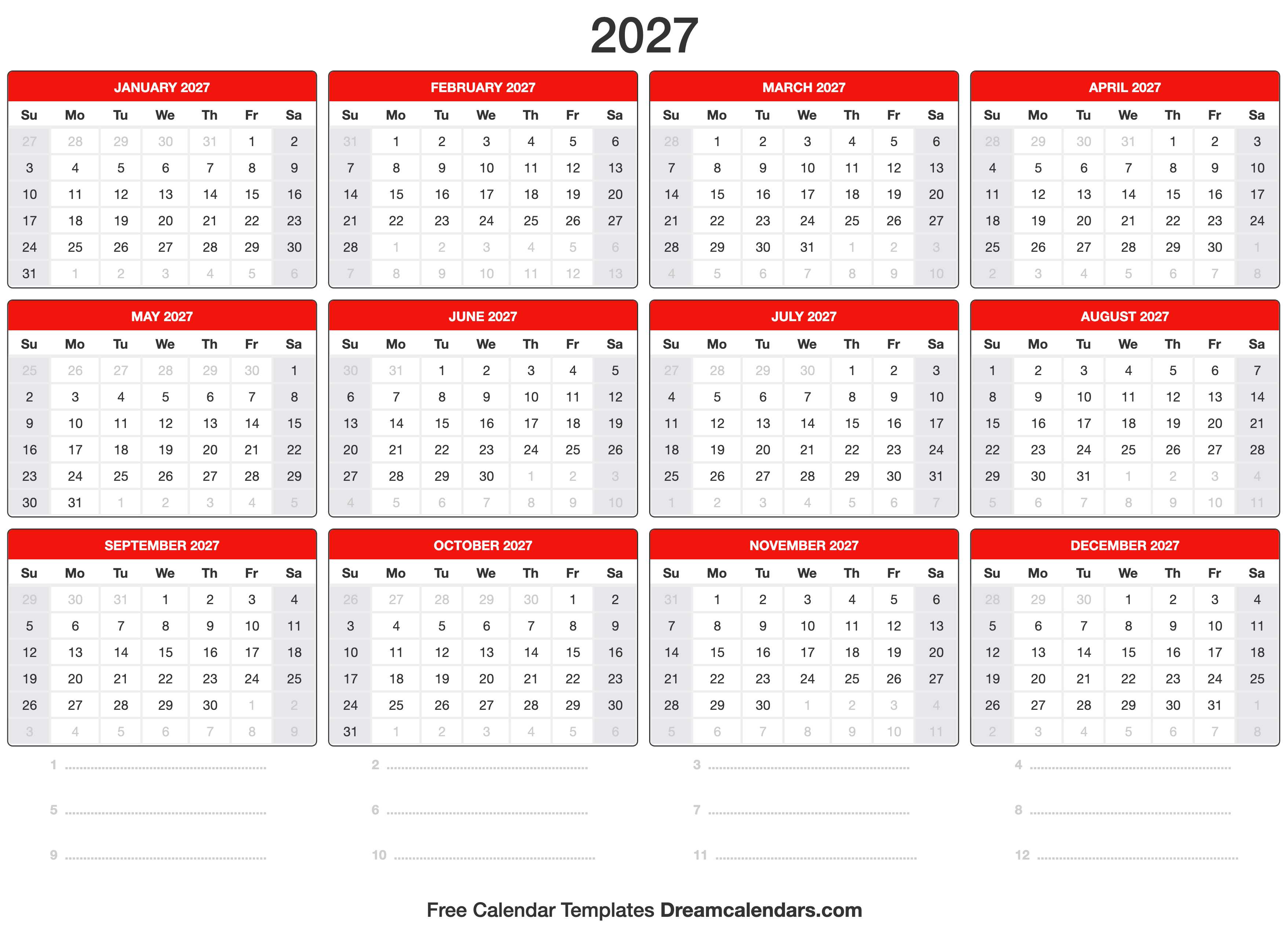 2027 Year Calendar