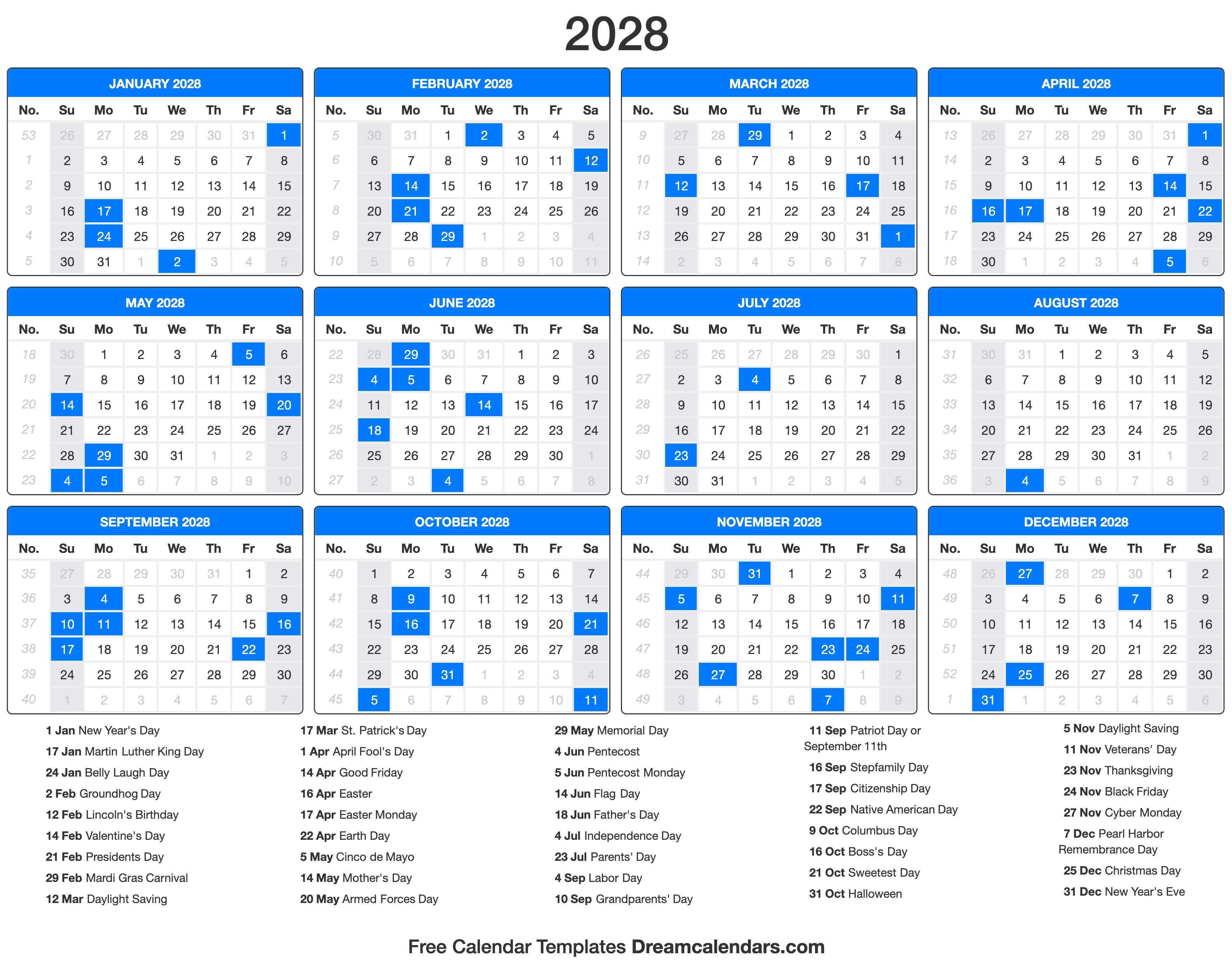 2028 Calendar with holidays