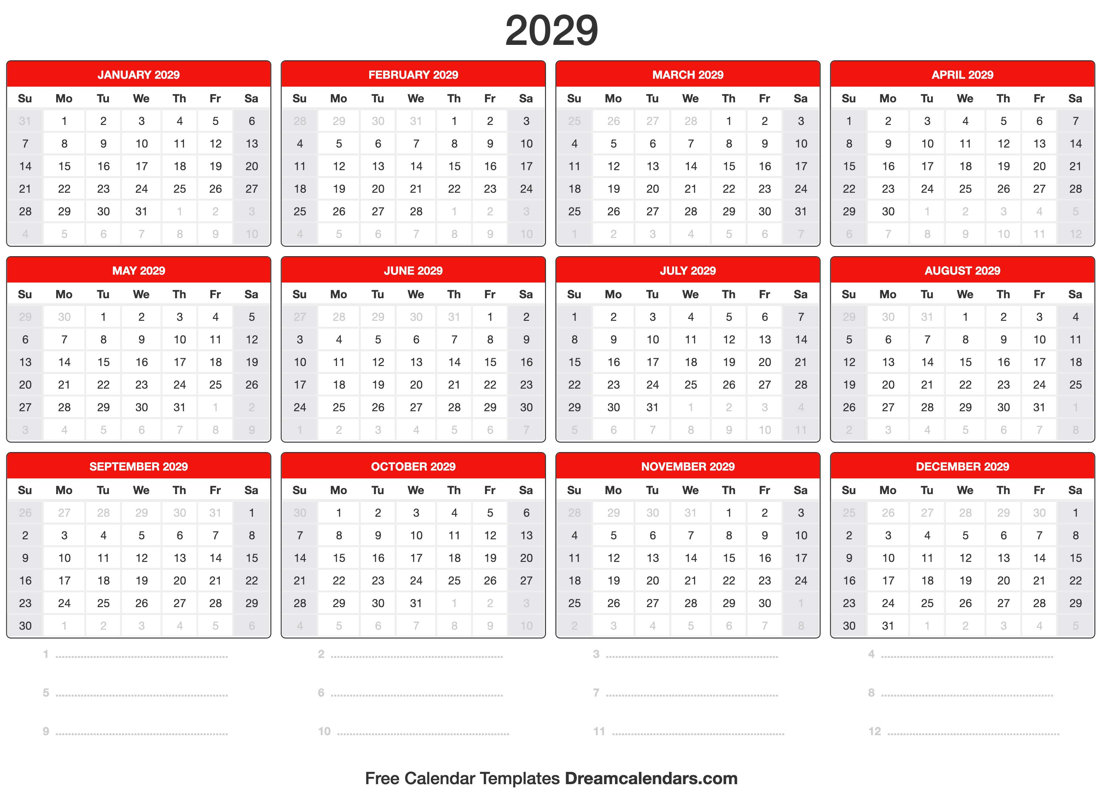 2029 Calendar Template