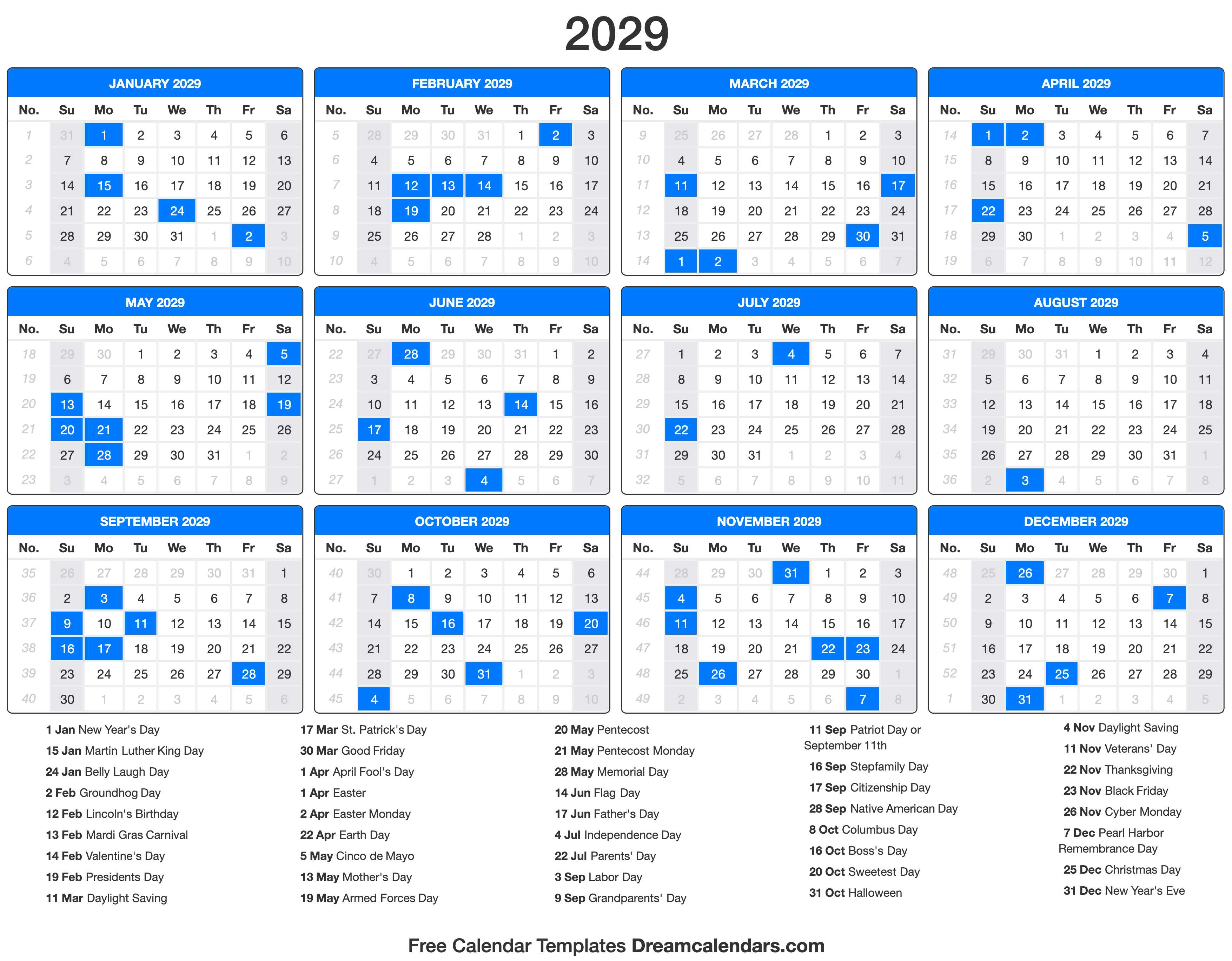 2029 Calendar with holidays