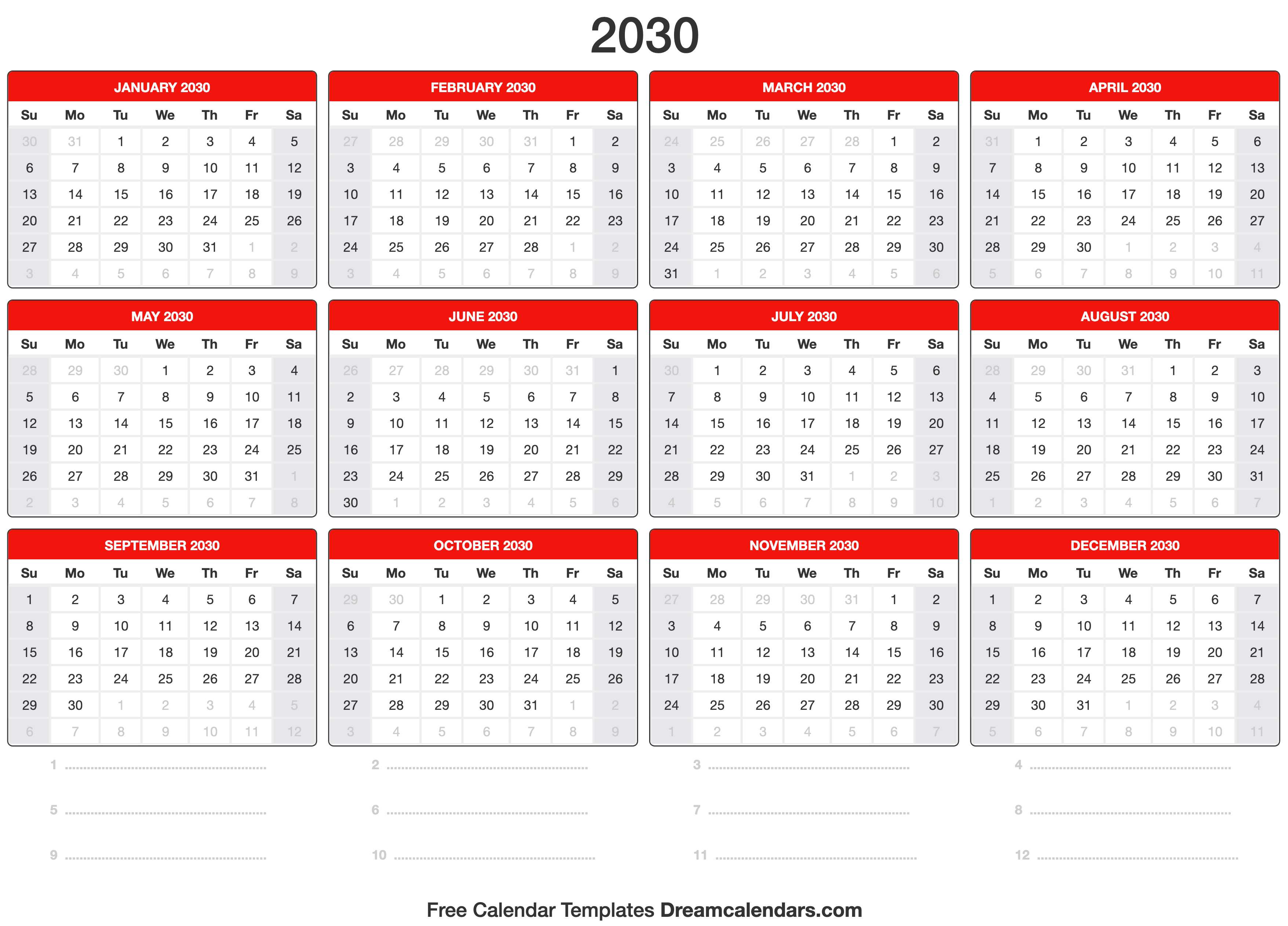 2030 Calendar Template
