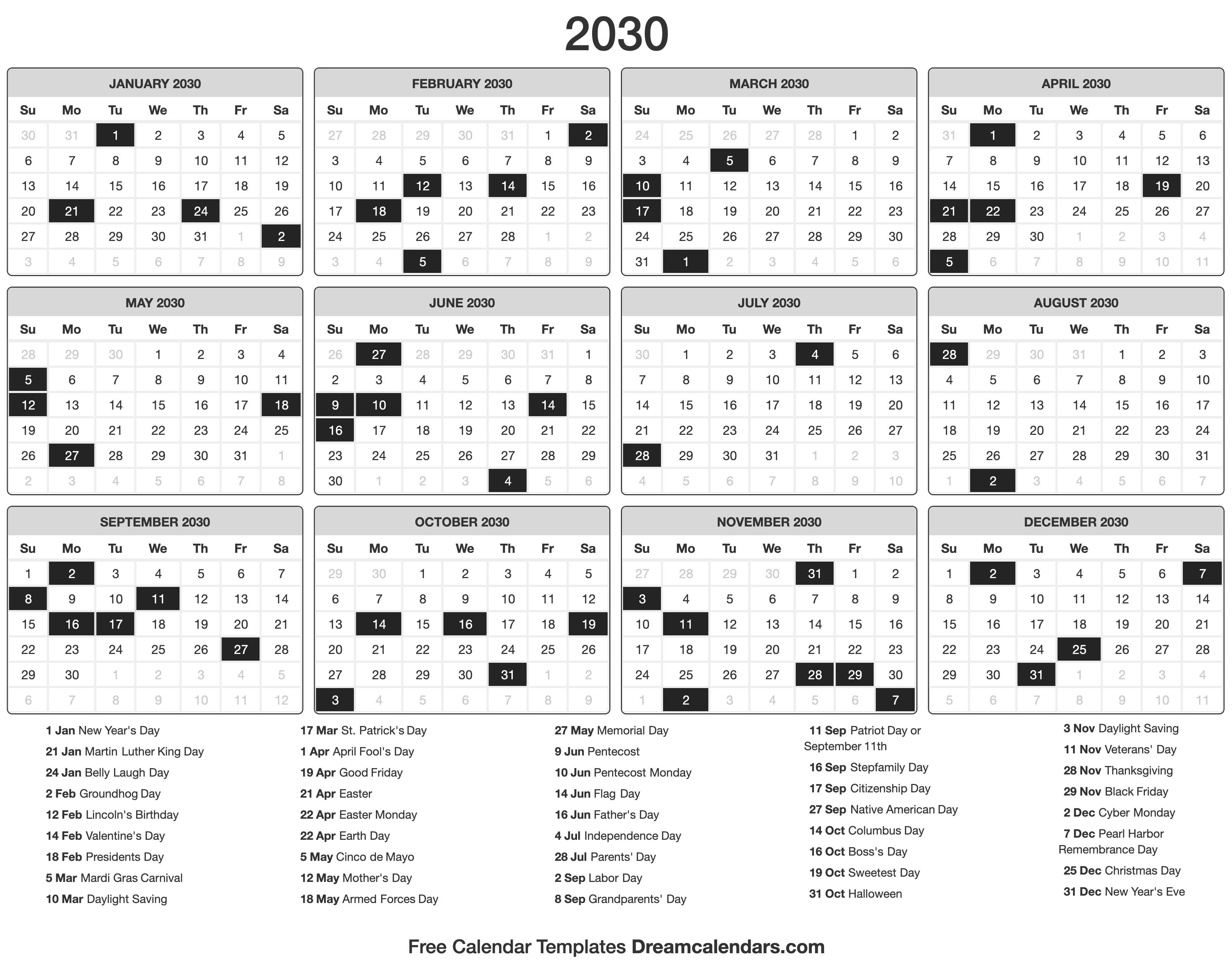 2030 Calendar