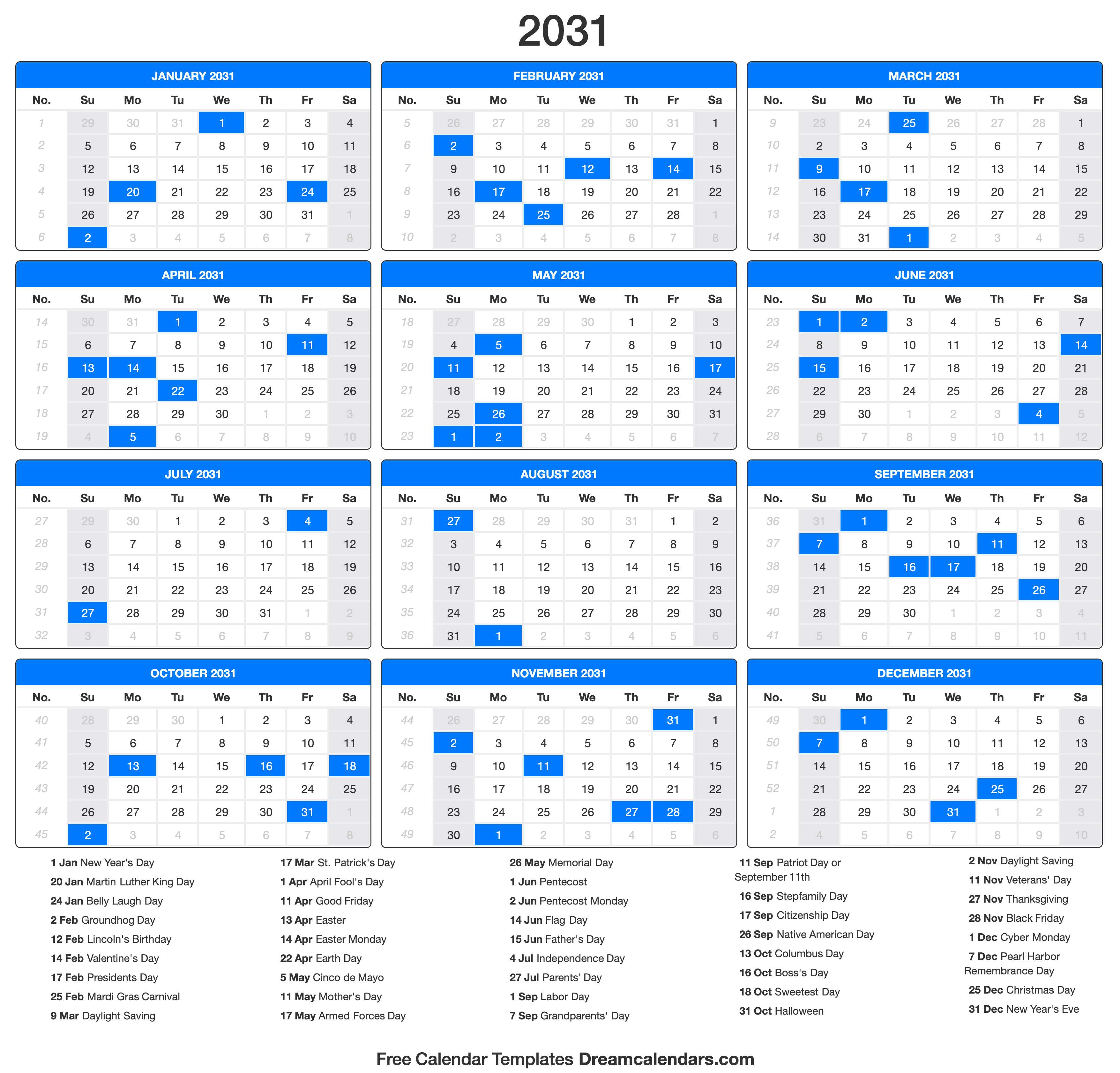 2031 Calendar