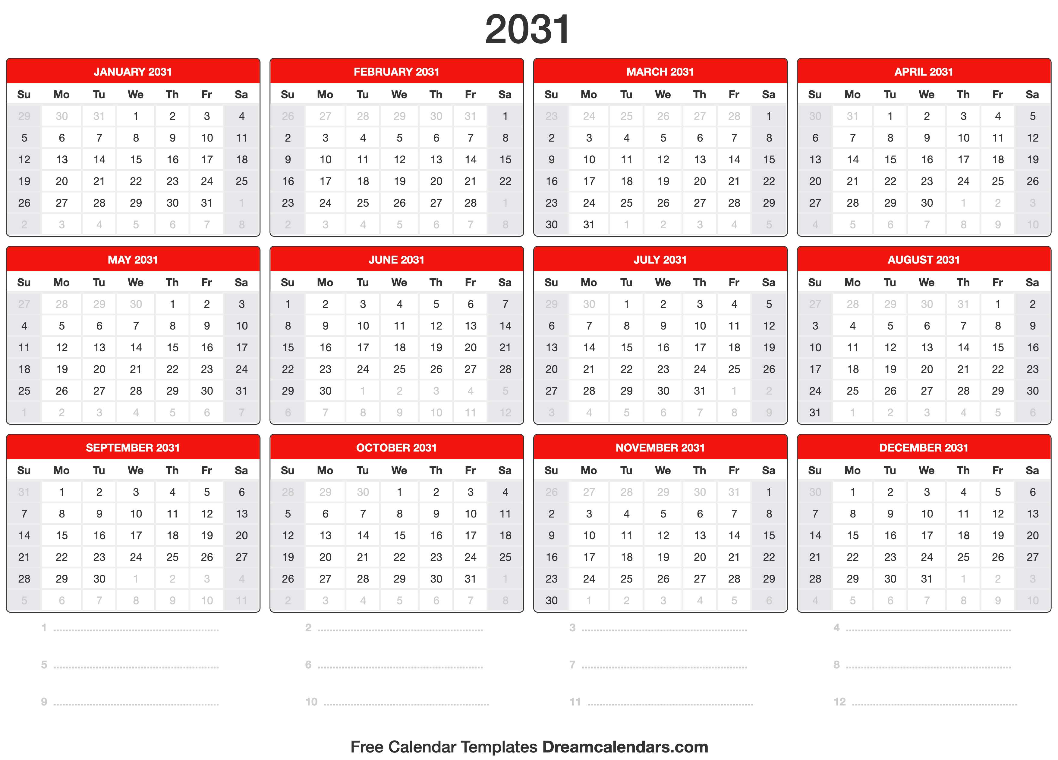 2031 Calendar Template
