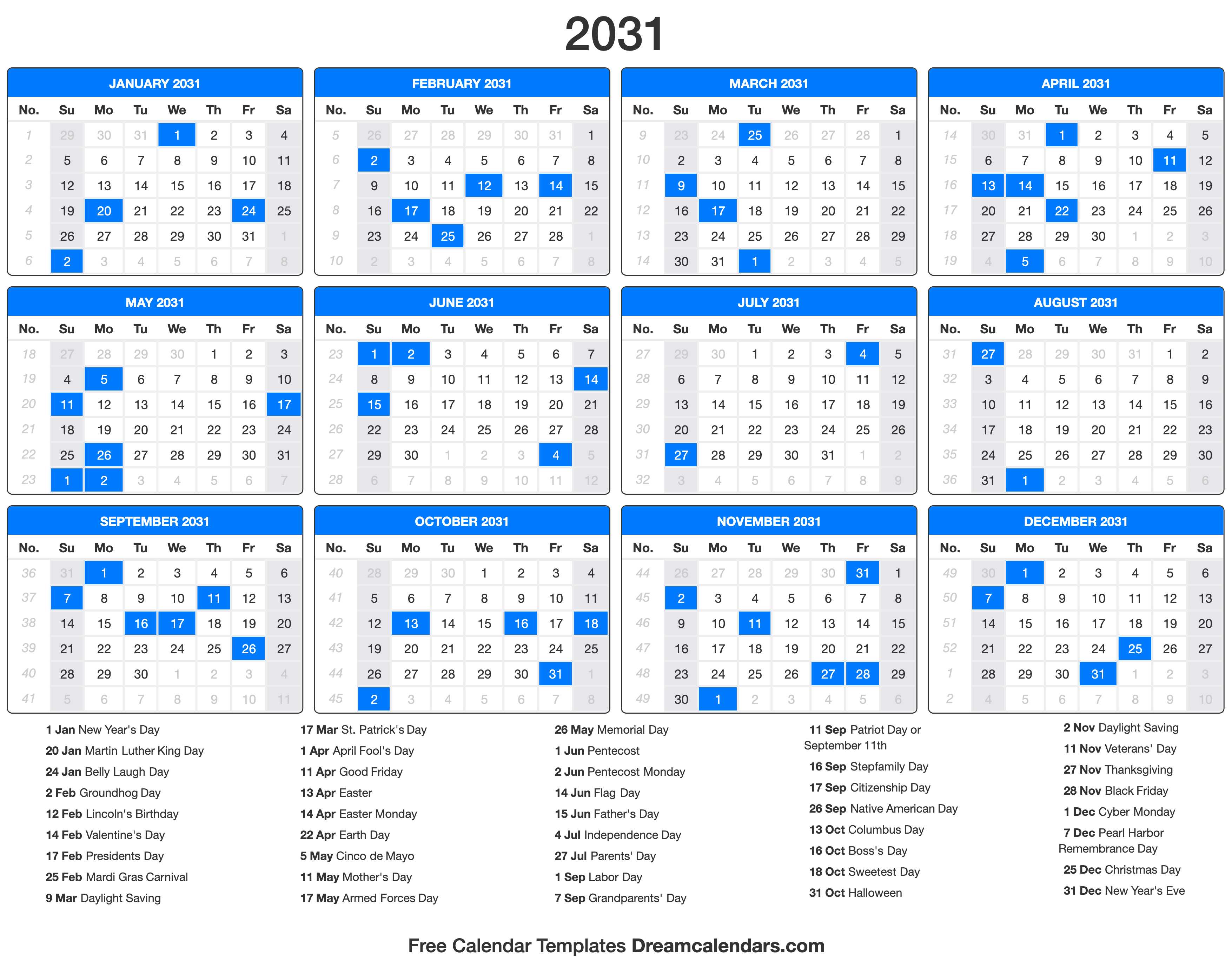 2031 Calendar with holidays