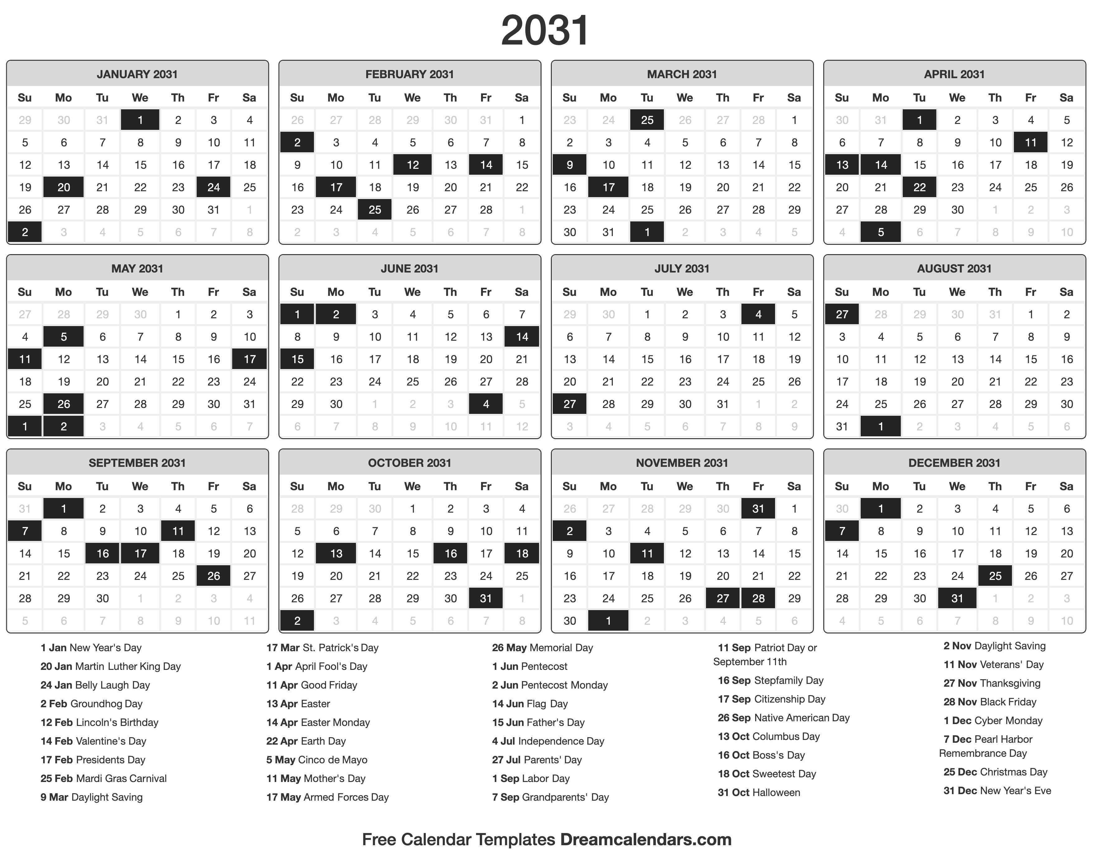 2031 Calendar