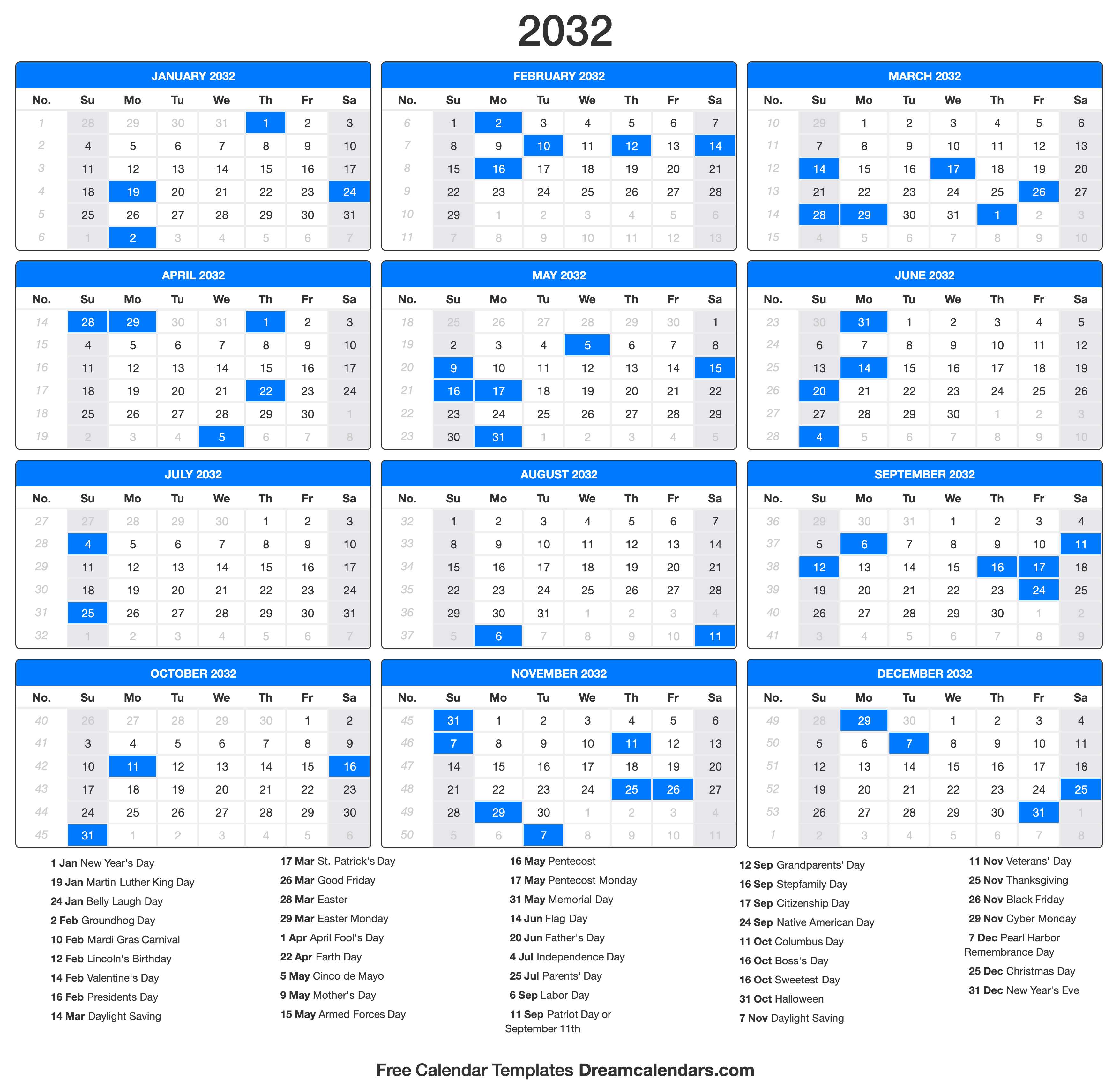 2032 Calendar (Portrait)
