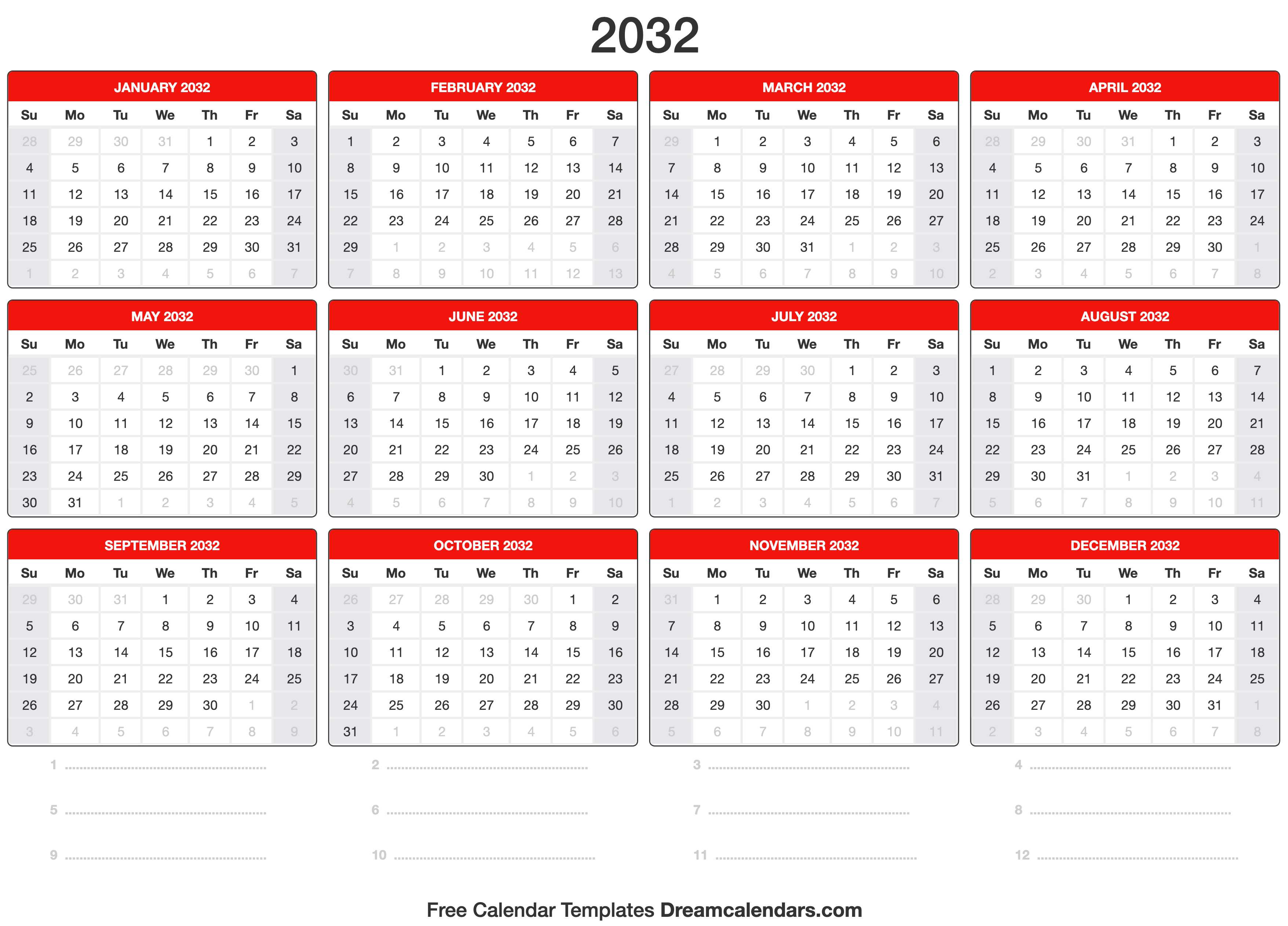 2032 Calendar Template